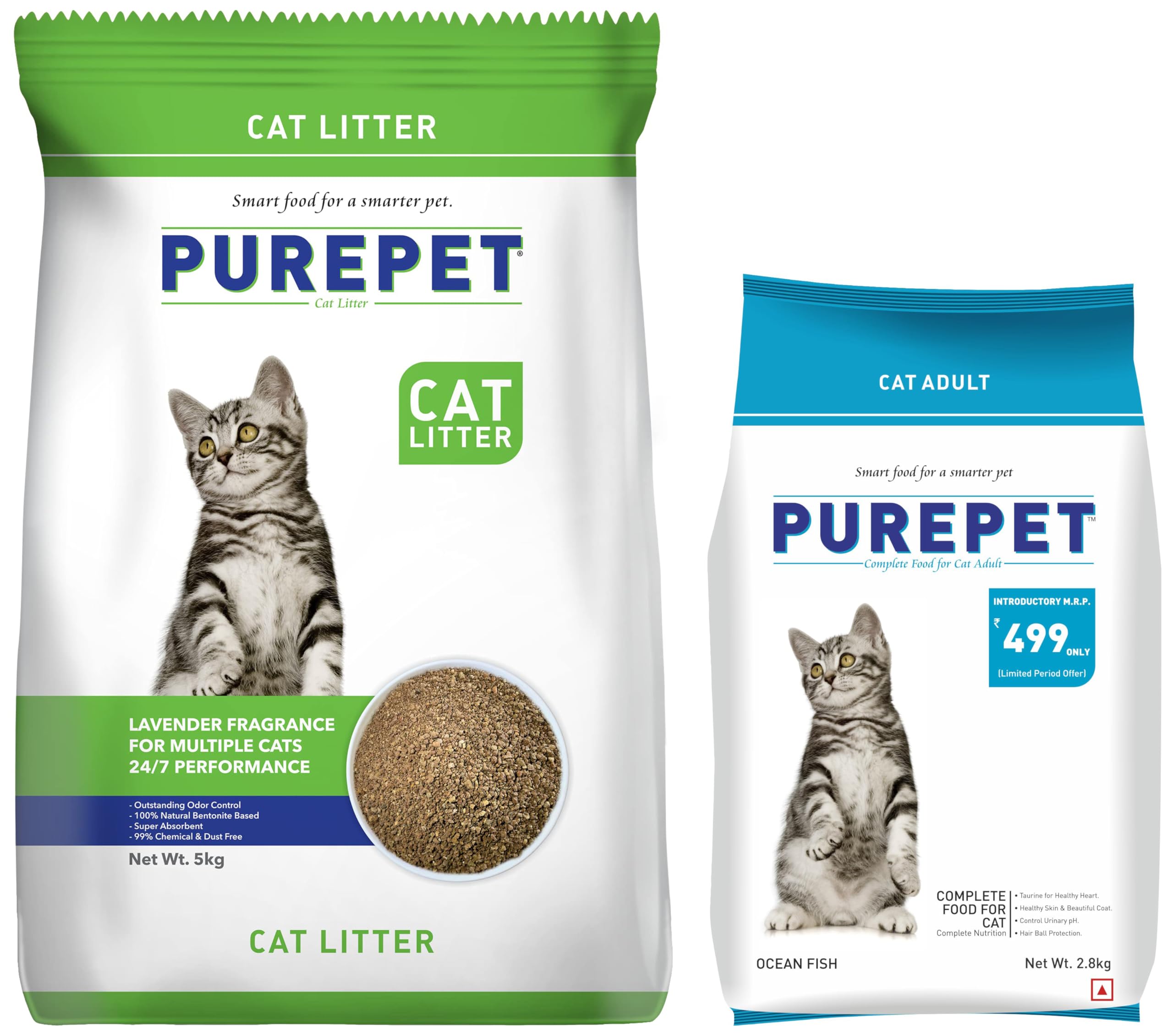 PUREPET Adult Cat Food, Ocean Fish, 2.8 Kg & Clumping Lavender Fragrance Cat Litter (for Multiple Cats), 5Kg - Dry