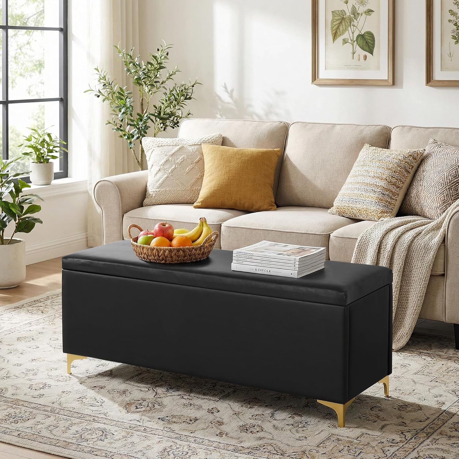 FHFO 52.9" Storage Ottoman Bench, End of Bed Storage Bench with Faux Leather Upholstered, for Bedroom, Living Room, Entryway, Window, Black
