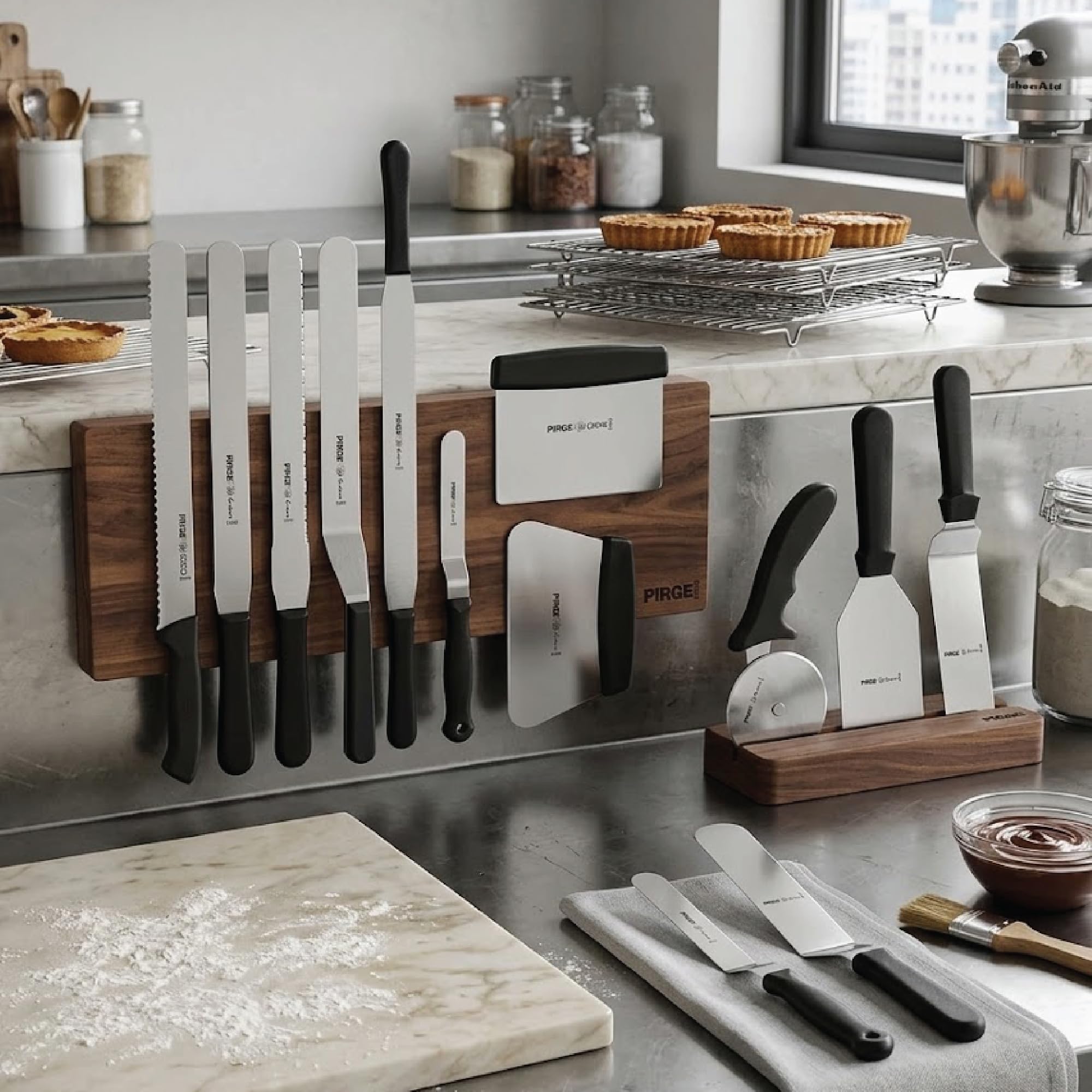 Pirge Backwaren Werkzeug Set - 11 TLG Edelstahl Set für Konditoreien und Bäckereien - Tortenmesser, Winkelpaletten, Teigschaber, Pizzaschneider und mehr, Ergonomischer Griff