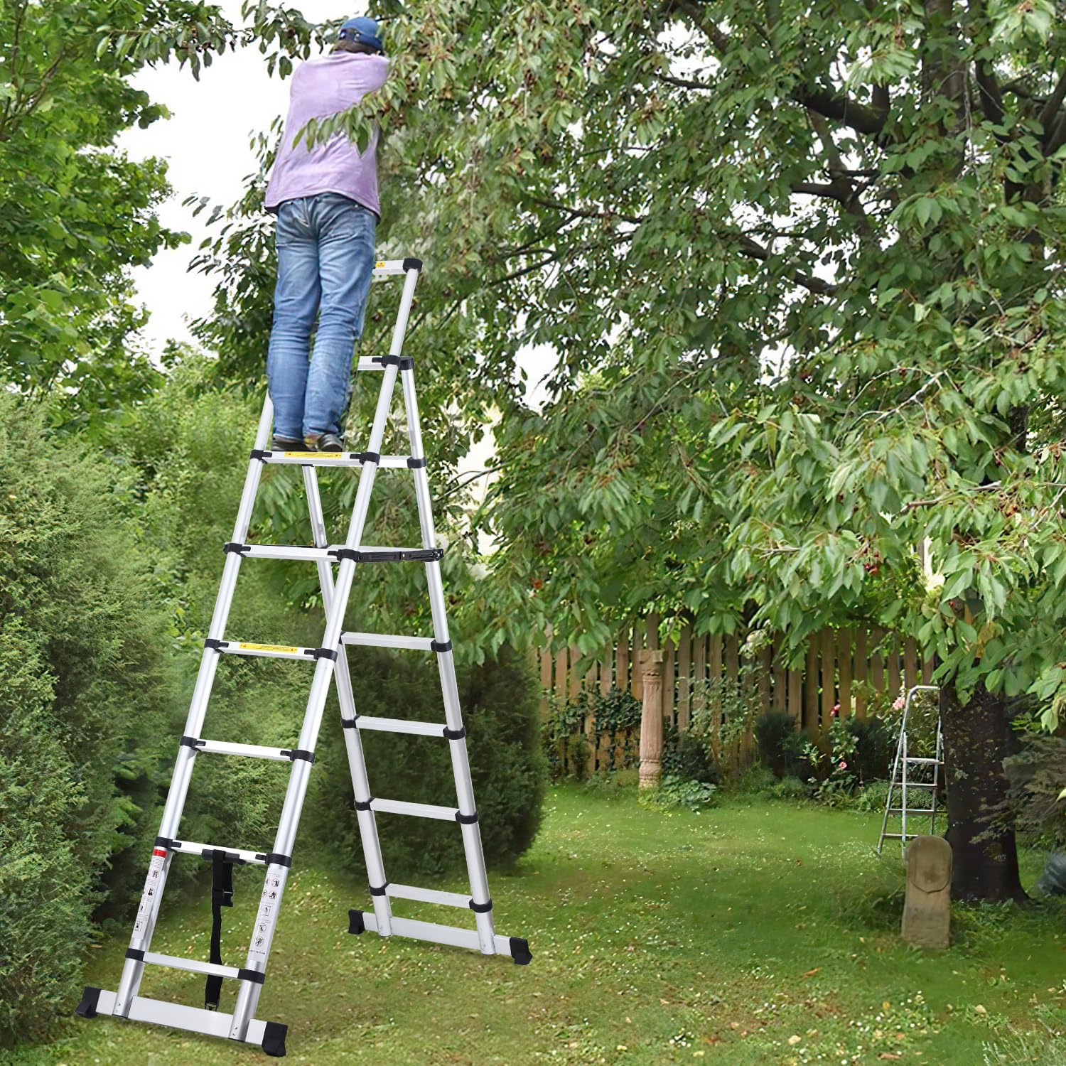 Lospitch - Scala telescopica pieghevole, 2 + 2,3 m, in alluminio, antiscivolo, multiuso, allungabile, telaio ad A, 6+7 pioli, portata 150 kg