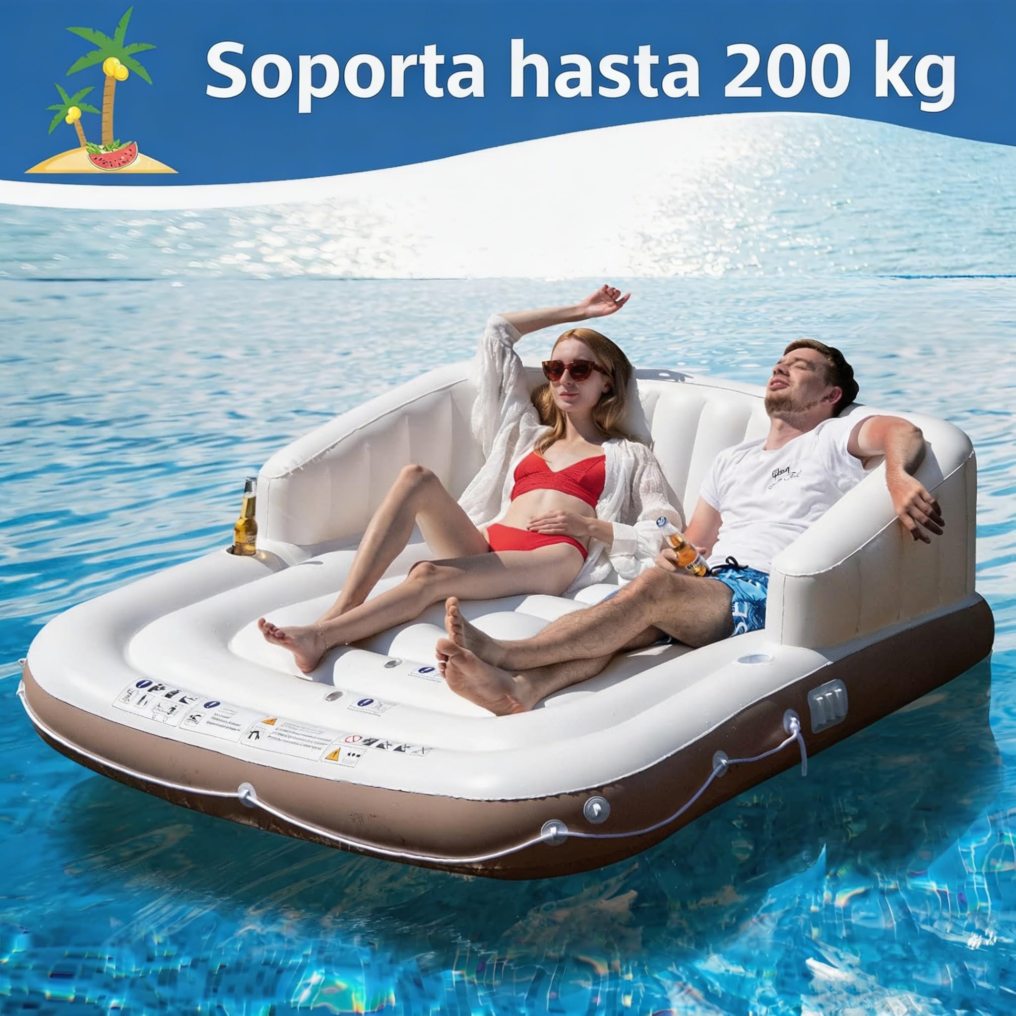 GYMAX Flotador Hinchable Grande para 2 Personas, Isla Flotante Inflable con Toldo Solar Desmontable y Ajustable (UPF 50+), 2 portavasos, Colchoneta Hinchable para Piscina y Playa, Carga de 200 kg