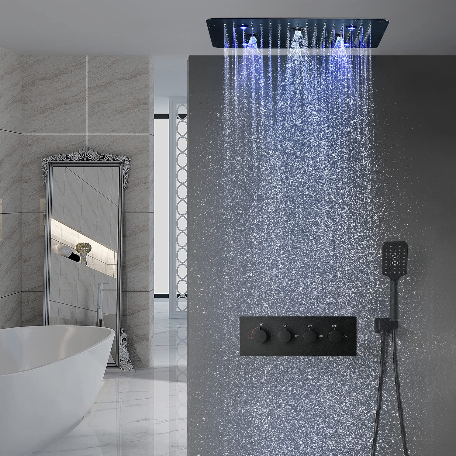 Columna Ducha,Sistema de ducha termostático de doble función,Rociador de ducha fijo de 500 x 500 mm (3 modos de chorro) y ducha de mano flexible (3 modos de chorro),Equipado con luz LED,Negro