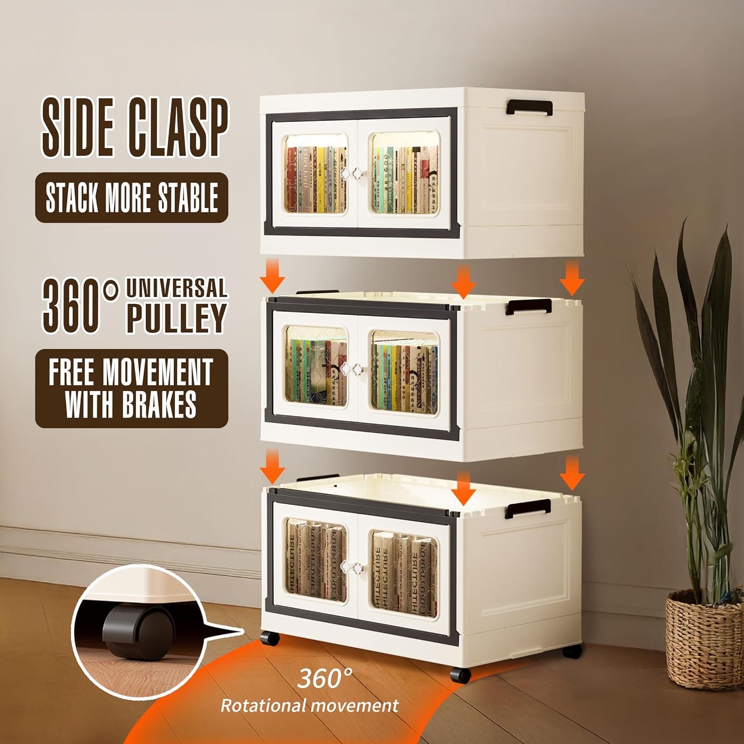 SunSettler Stackable Storage Bins with Lids, Plastic Folding Cabinets with Doors and Wheels, Collapsible Storage Bins for Closets, Stackable Storage Organizer, Storage Containers (3-Tier Transparent)