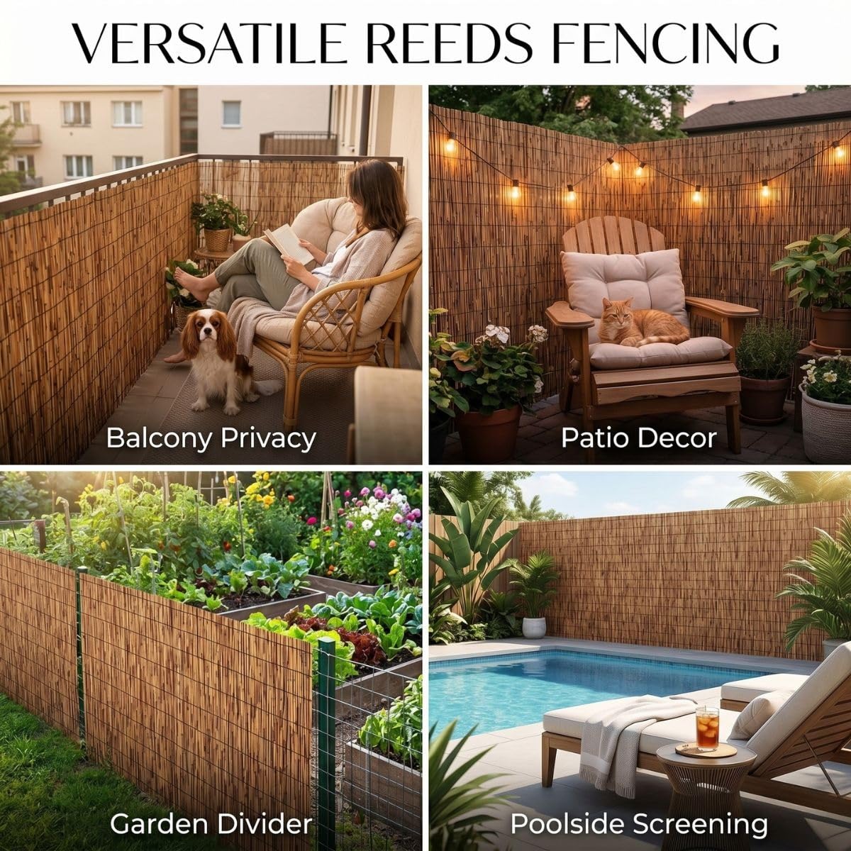 Arella in Bambù Naturale Privacy 100/120/130/150/180 cm Cannette in Canne Canniccio con Fascette per Esterno Rilegate Giardino Terrazza Balcone Piscina Gazebo Stuoia Ombreggiante(Bianco,H80xL150cm)