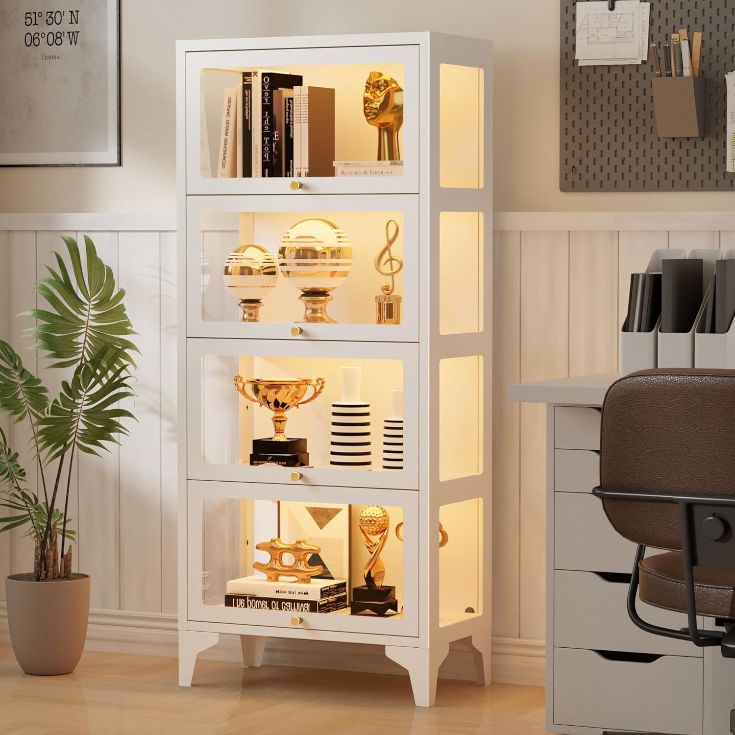 4 Tier Glass Display Cabinet with Flip-Up Doors, 55" Curio Cabinet with 13-Color LED Lights, 3-Side Tempered Glass Metal Display Cabinet for Books, Collectibles, Figures, Black