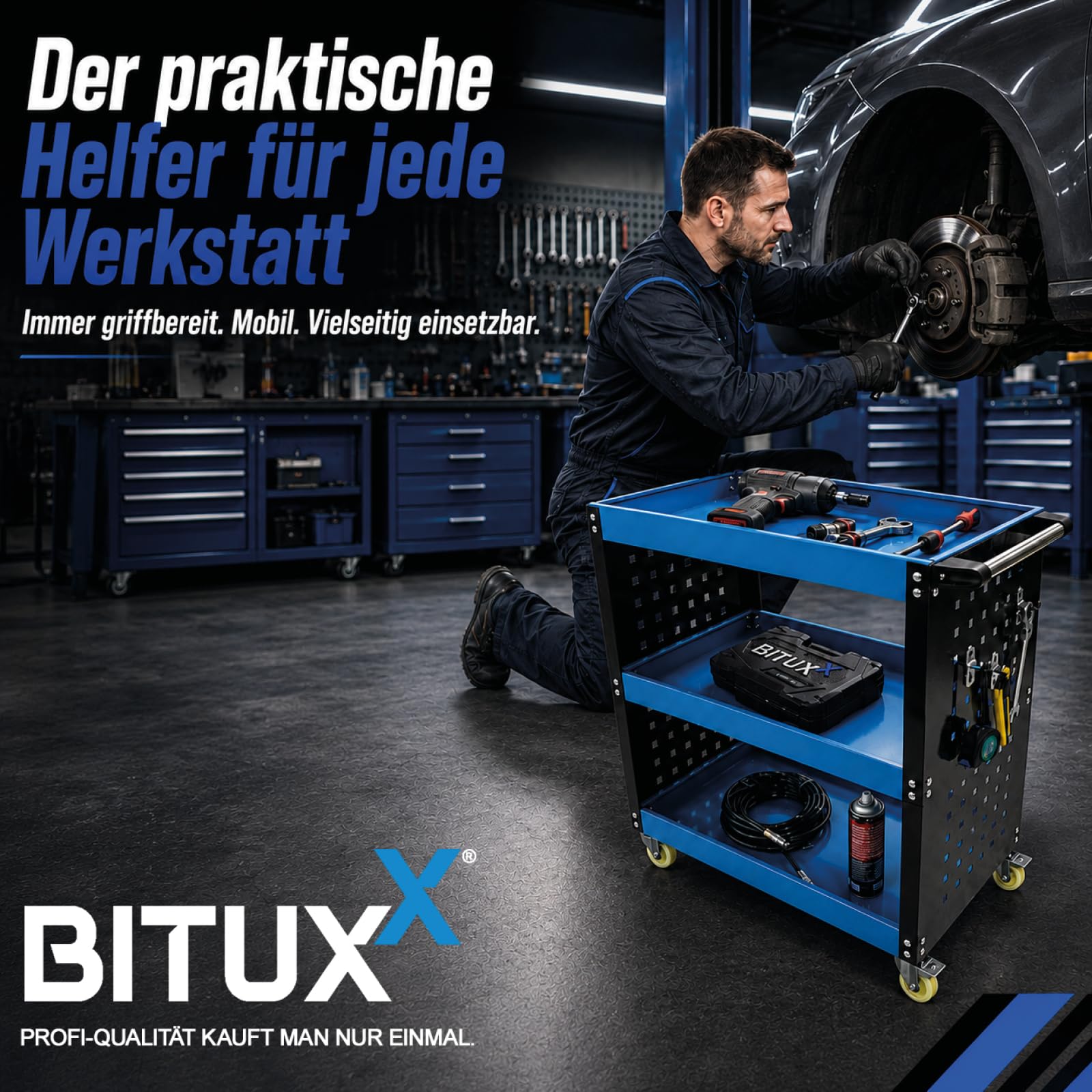 BITUXX Werkstattwagen mit 3 Ablagen, robuster Werkzeugwagen mit Rollen, Werkzeugablage für Garage & Werkstatt, mobiler Metallwagen, Stabiler Werkzeugkarren mit Griff und Lochwand mit 12 Haken