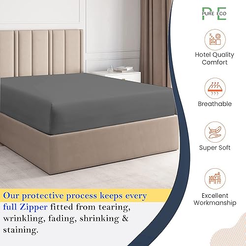 Miniatura 2 de Sábana bajera ajustable con cremallera de tamaño Queen de 60 x 80 pulgadas, bolsillo profundo de 14 pulgadas, color gris oscuro, 600 hilos, 100%
