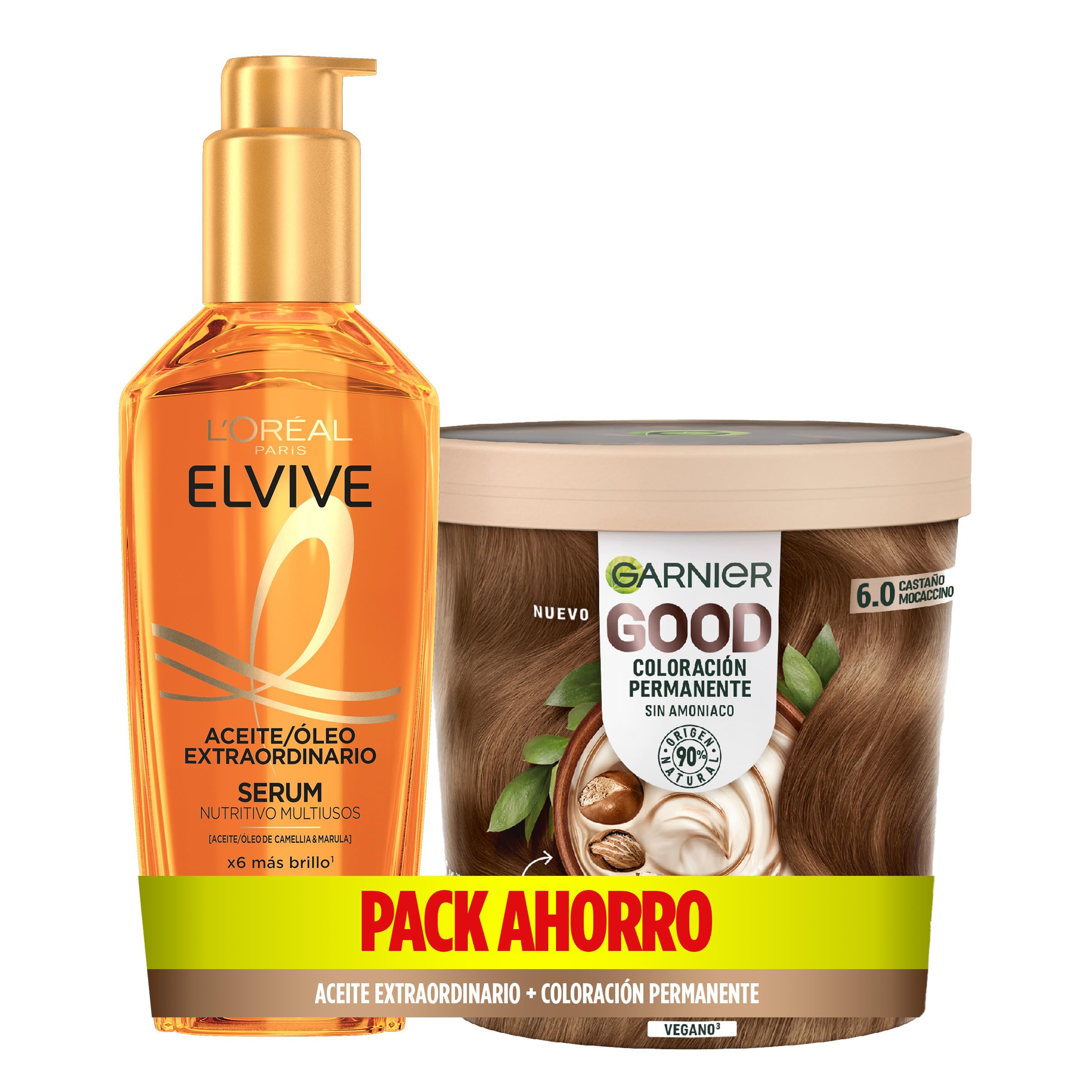 Lote de GARNIER GOOD Coloración Permanente 6.0 Castaño Mocaccino + L'Oréal Paris Elvive Aceite Extraordinario, 100 ml