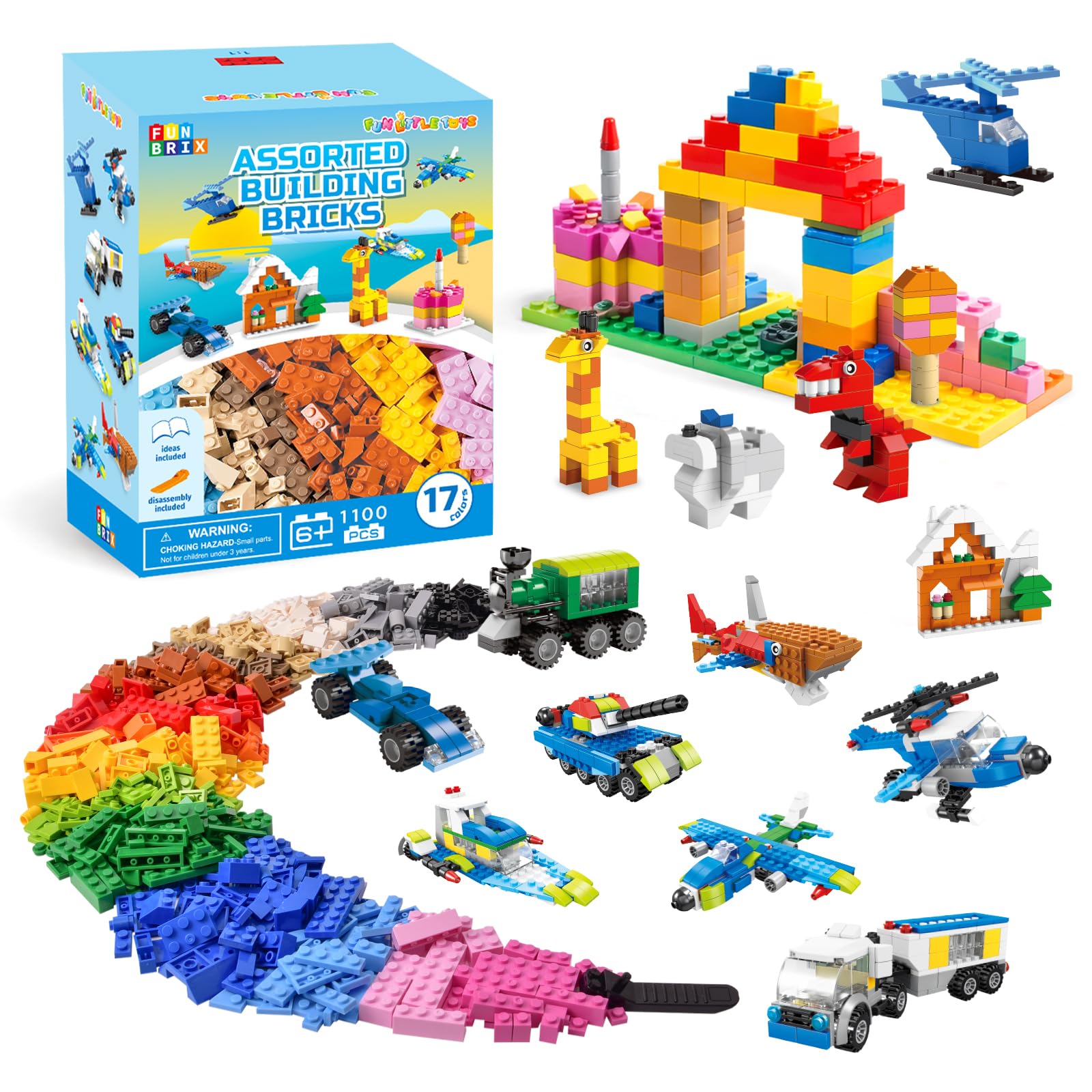 FUN LITTLE TOYS 1100 PCS Building Blocks for Kids 6-12, Creative Bulk Building Bricks Set for Open-Ended Play, 147 Shapes 17 Colors, Value Pack Compatible with Standard Baseplates