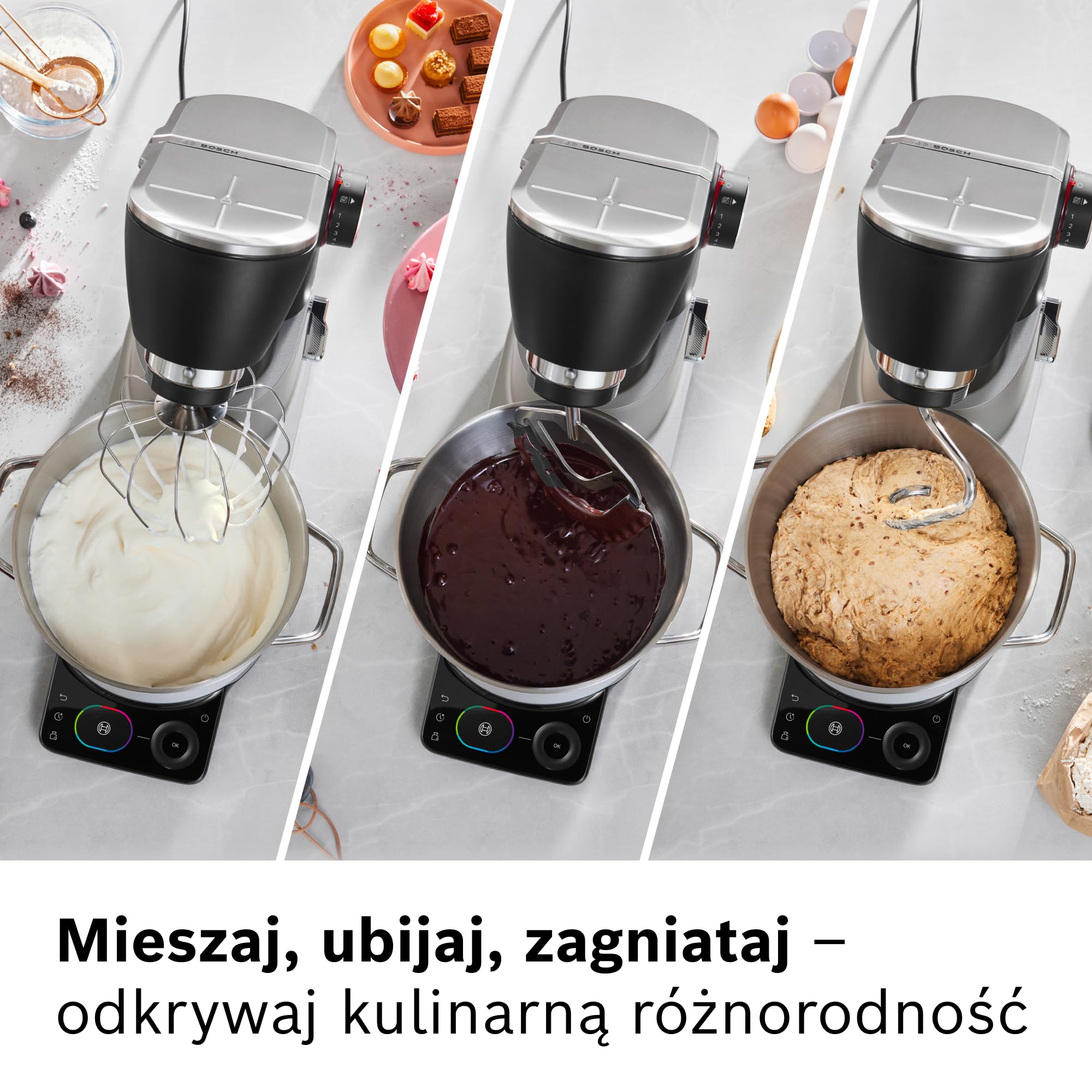 Bosch, robot kuchenny Serie 8, z wagą, silnik 1800 W chłodzony powietrzem, system mieszania planetarnego 3D, zestaw cukierniczya, misa 6,0 l, czarno-srebrna, metalowa obudowa, MUMS8ZS00