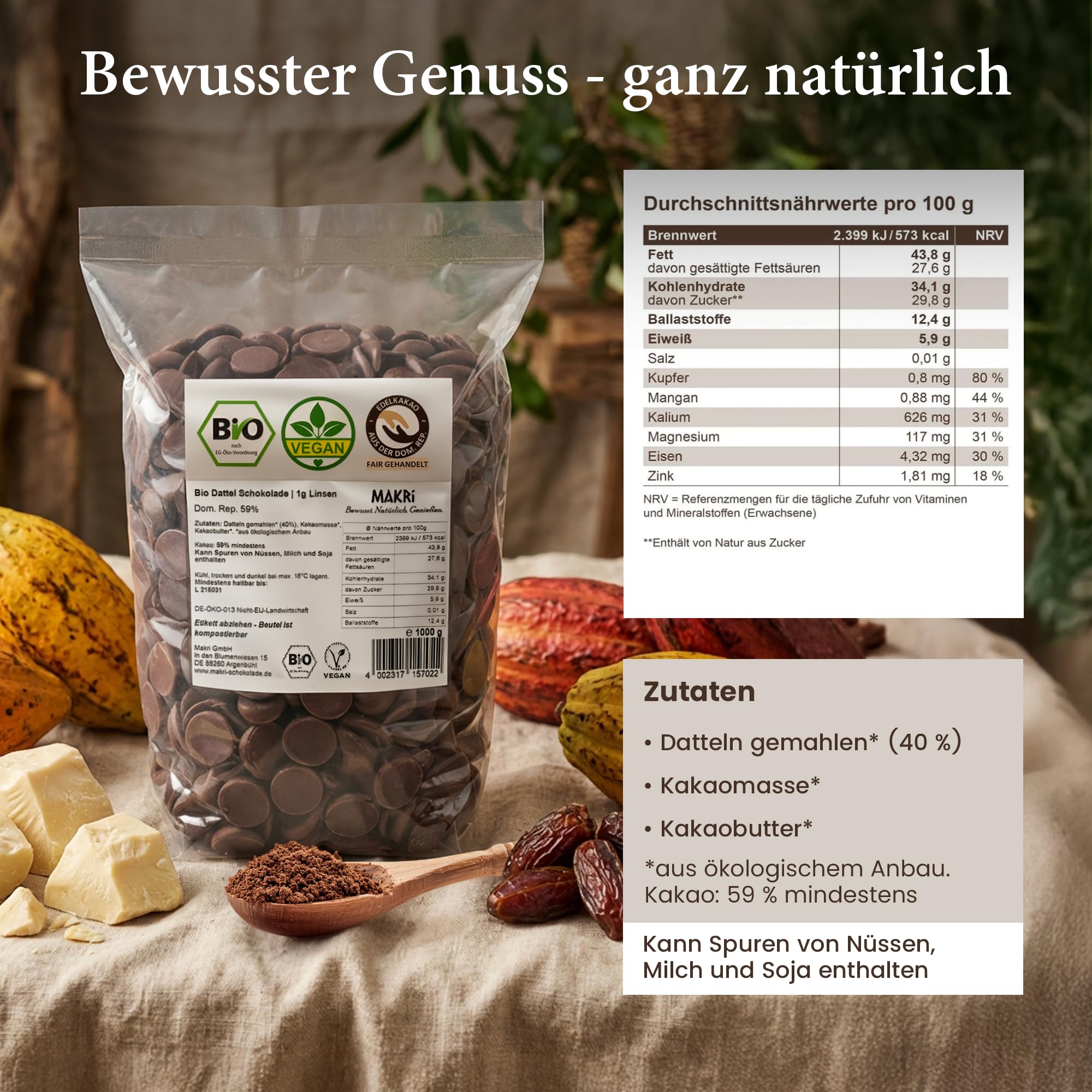 Makri Dattelschokolade Schokodrops 59% Kakao Vegan Bio Fair gehandelt ohne raffinierten Zucker 1 kg