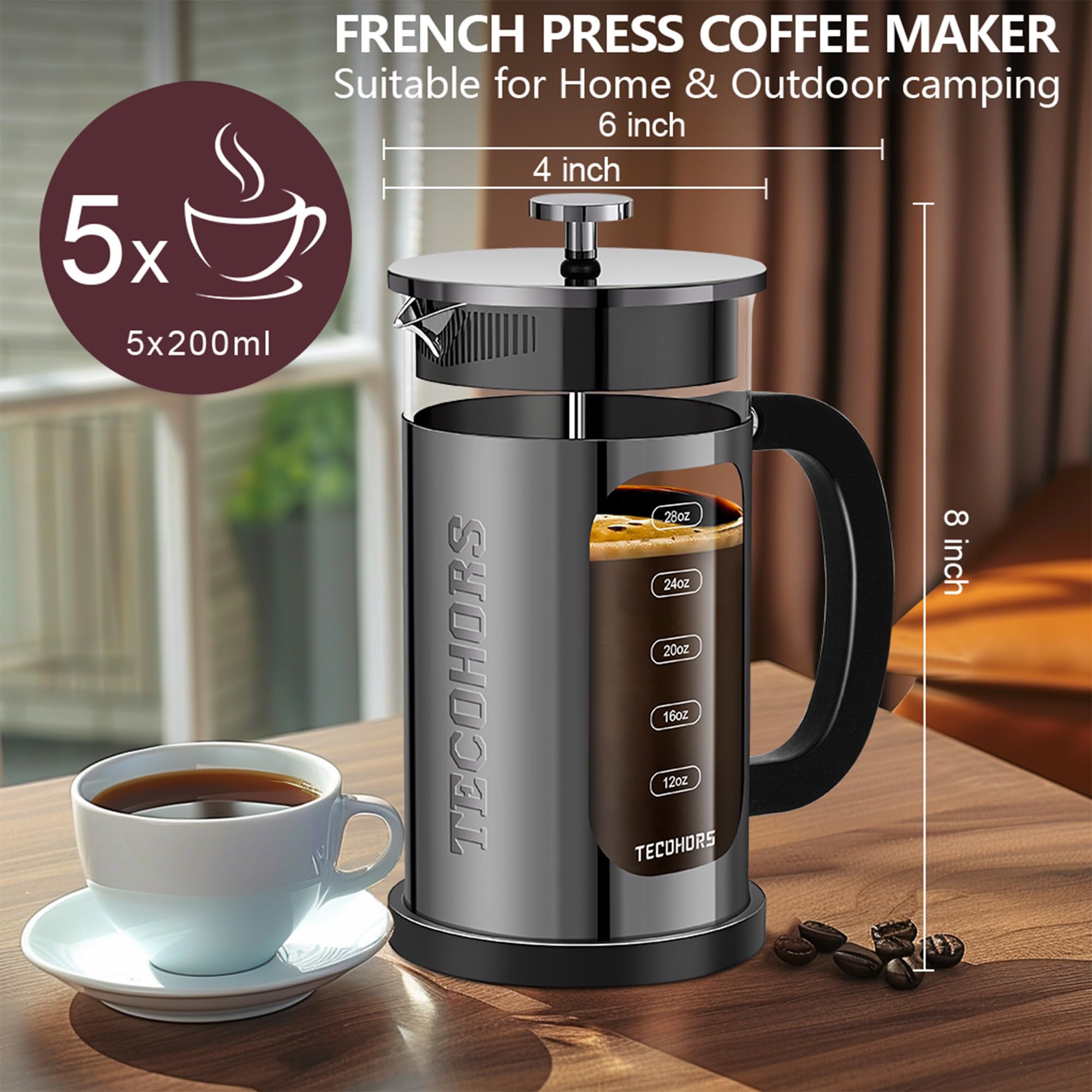French Press ekspres do kawy ze stali nierdzewnej 304, z systemem 4 filtrów, odporne na wysokie temperatury, szkło borokrzemowe, zaparzony dzbanek do kawy (jasnoczarny)