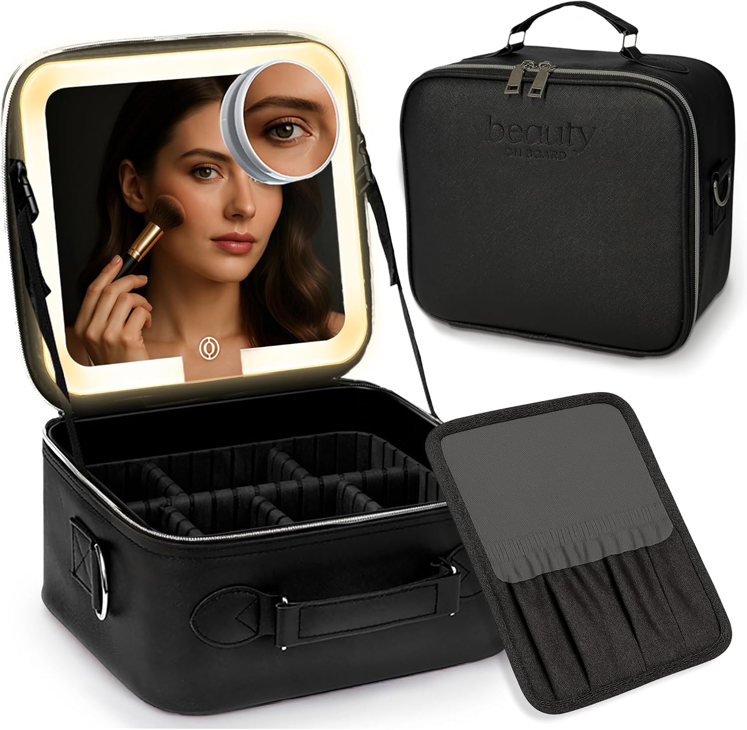 Makeup Bag with LED Mirror, PU Leather Makeup Case - 3 Adjustable Brightness Levels, Lighted Cosmetic Case with Mirror, Dividers - Make Up Portable Storage Travel Organizer with Handle