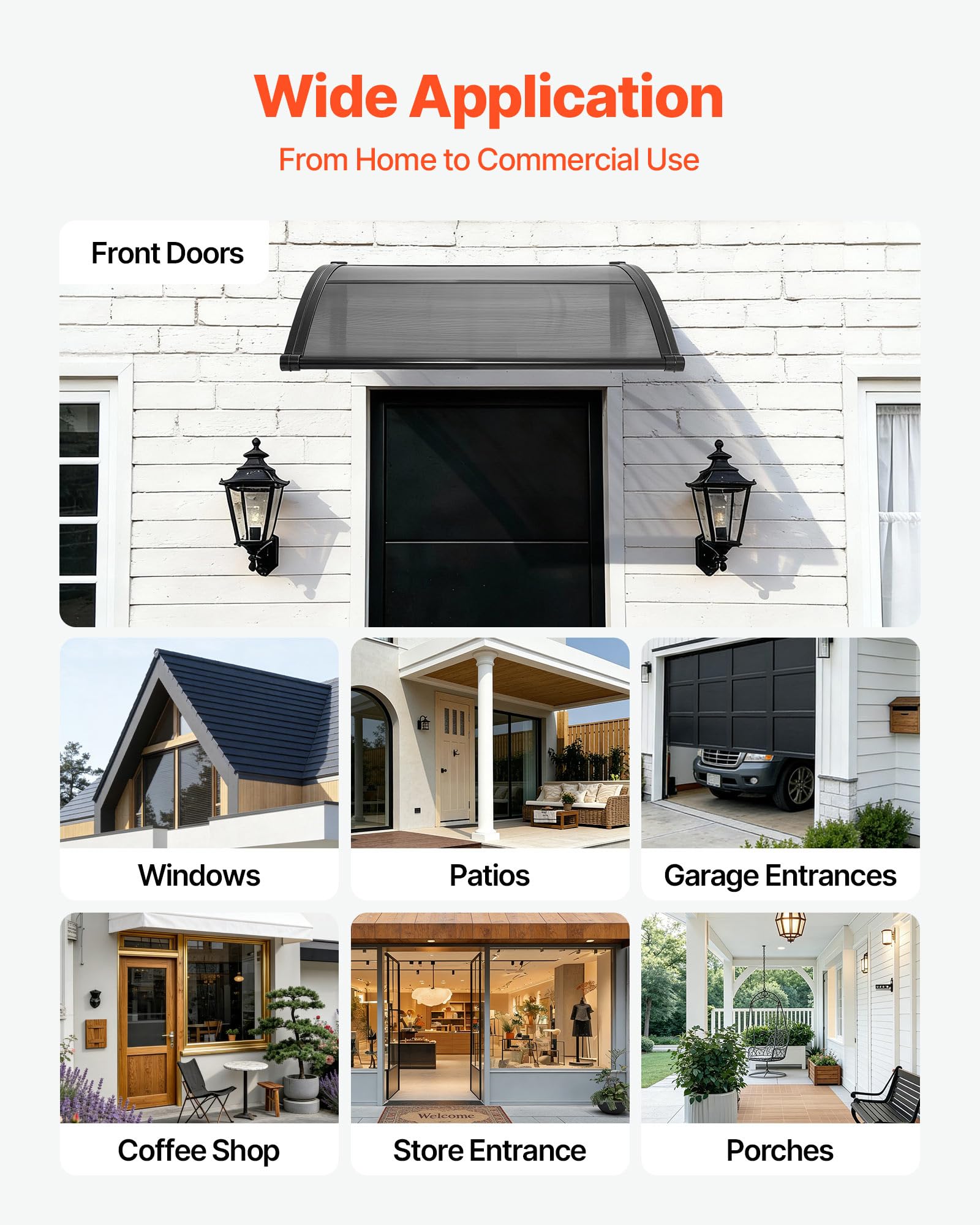 VEVOR Vordach für Haustür, 965x1017 mm, Pultbogenvordach, Überdachung mit Entwässerung & ABS-Halterung, Regen-, Schnee- & Sonnenschutz, Polycarbonat-Türdach für Veranda & Terrasse, Rauchgrau