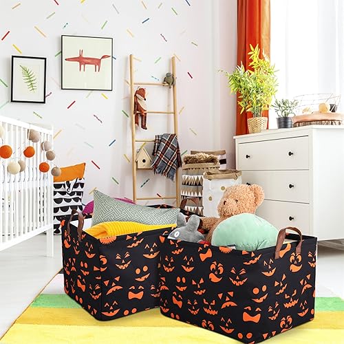 Miniatura 7 de Cesta de almacenamiento plegable con asas de cuero para Halloween, caja de almacenamiento de lona impermeable para armario, juguetes, ropa,