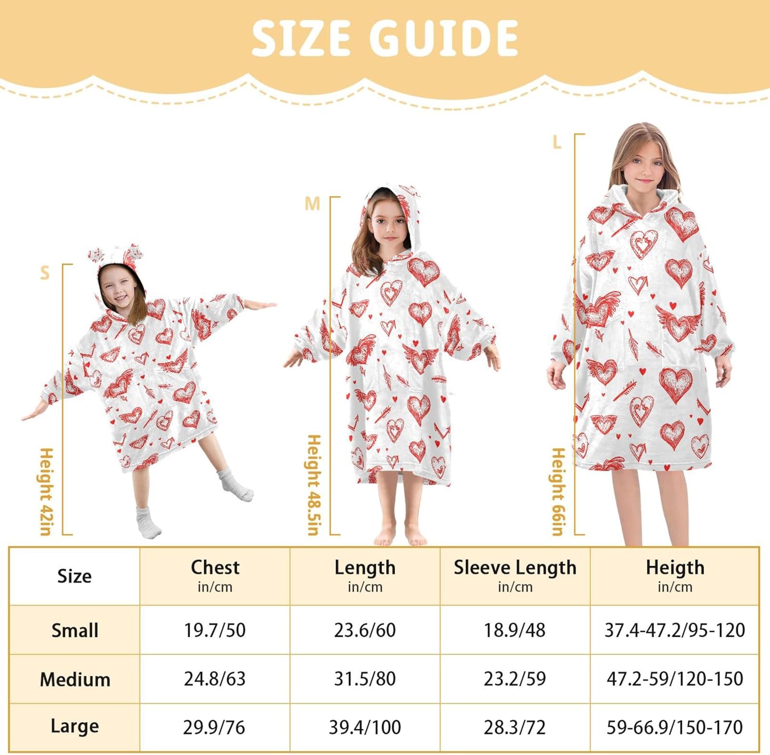 Valentine Heart Kids Wearable Blanket Hoodie with Pocket and Sleeves for Toddlers, Cute Hoodies Girls Boys B0403609