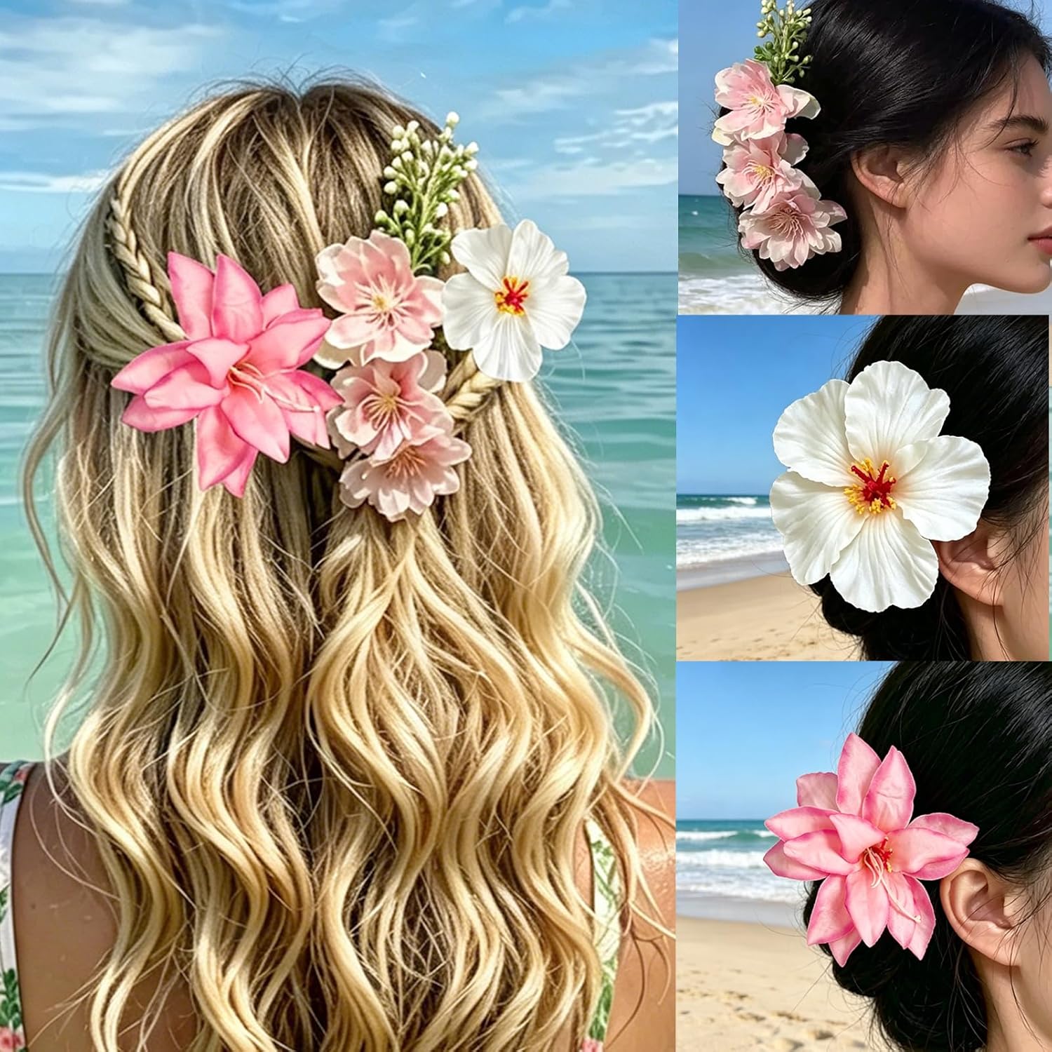 Hawaiian Flower Hair Clips & Comb Set - Boho Floral Accessories