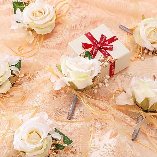 Miniatura 3 de Juego de 20 ramilletes de rosas y boutonniere, ramillete de muñeca de flores, pulsera de pulsera para novio y hombre, boutonniere de boda, flor de