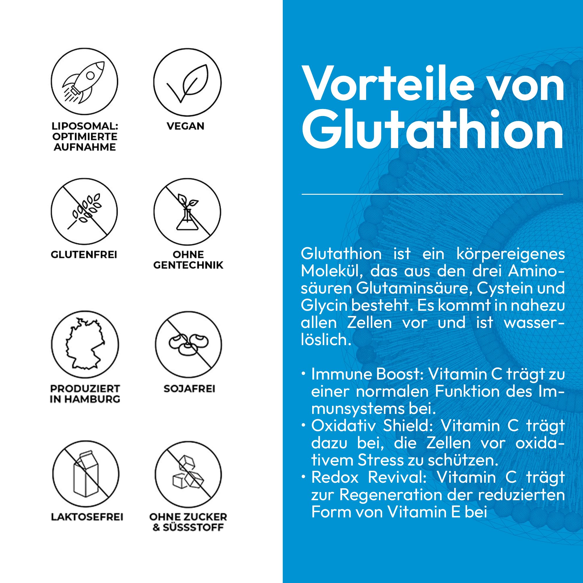 Glutathione | 25 Daily doses of 400 mg glutathione Each | Vegan | 250 ml | Glutathione | 25 Daily doses of 400 mg glutathione Each | Vegan | 250 ml |