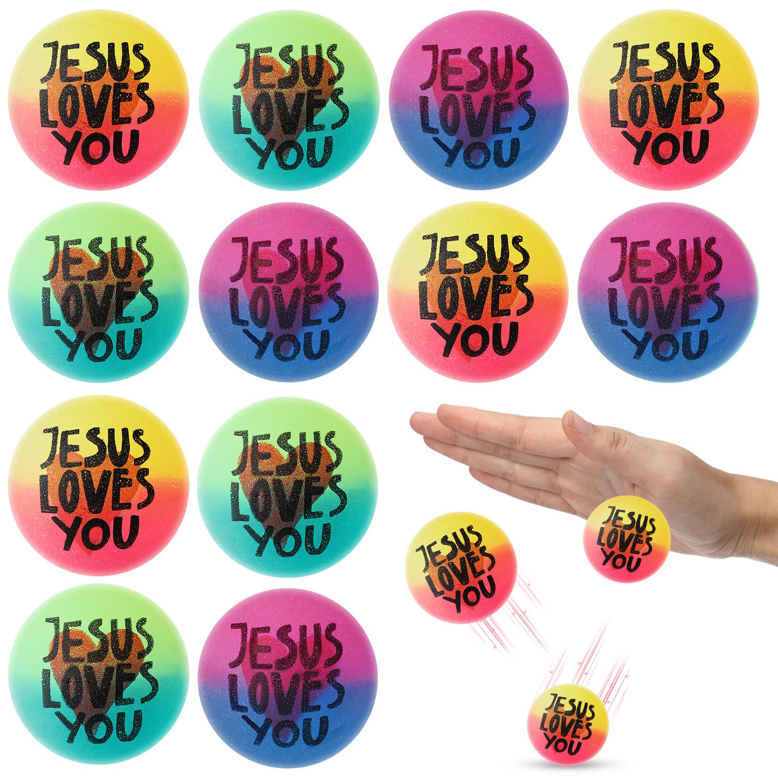 HyDren 50 Pcs Christian Easter Jesus Loves You Gift 1.18 Inch Bouncy Balls Bulk Christian Jesus Mixed Color Gradient Rubber High Bouncing Balls with Heart Pattern Easter Party Favors