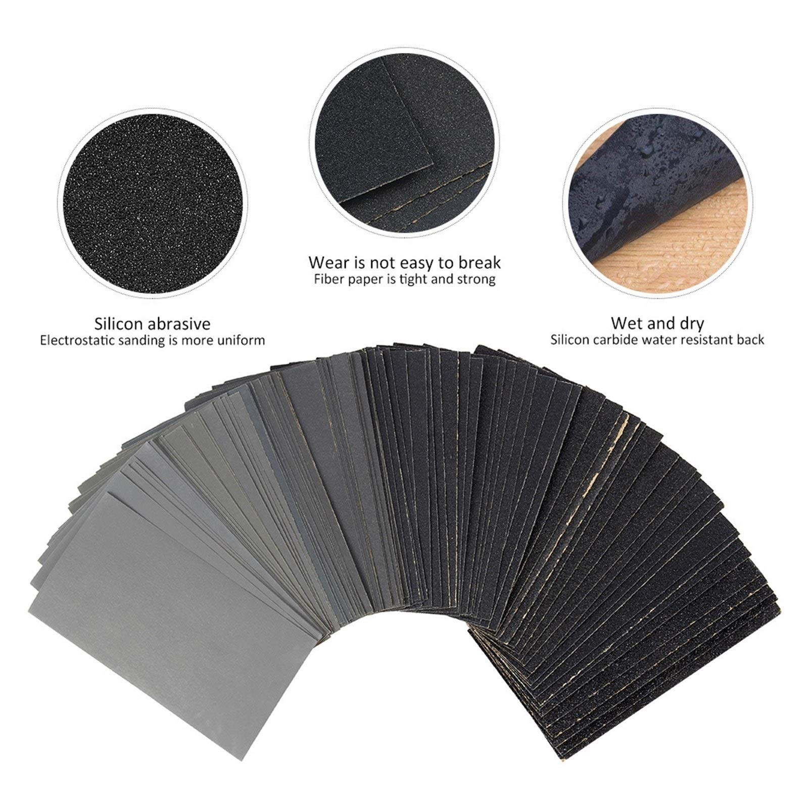 Papier de Verre Sec mouillé de 102pc 60 à 3000 Assortiment de Grains Feuilles de Papier abrasif for Le ponçage Automobile Feuille de Meubles en Bois