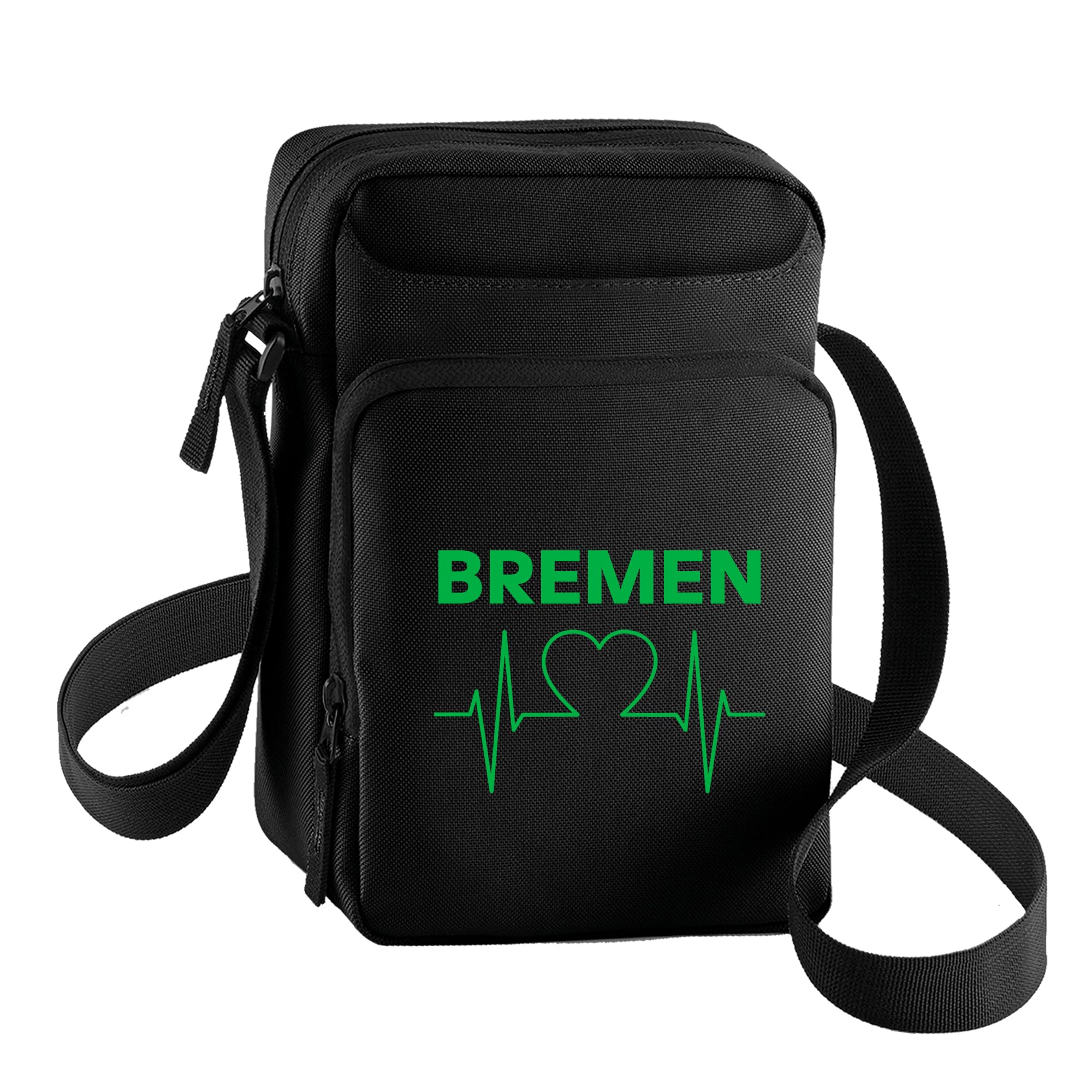 Umhängetasche - Bremen - Herzschlag - Druck grün - Tasche Größe schwarz