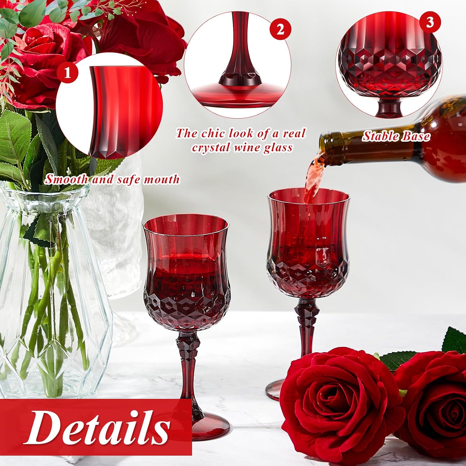 Pinkunn 24 Pcs 7 oz Plastic Vintage Wine Glasses Reusable Colored Goblets Patterned Drinking Water Glasses Cup Dishwasher Safe for Mother's Day Wedding Reception Party Supplies (Red)