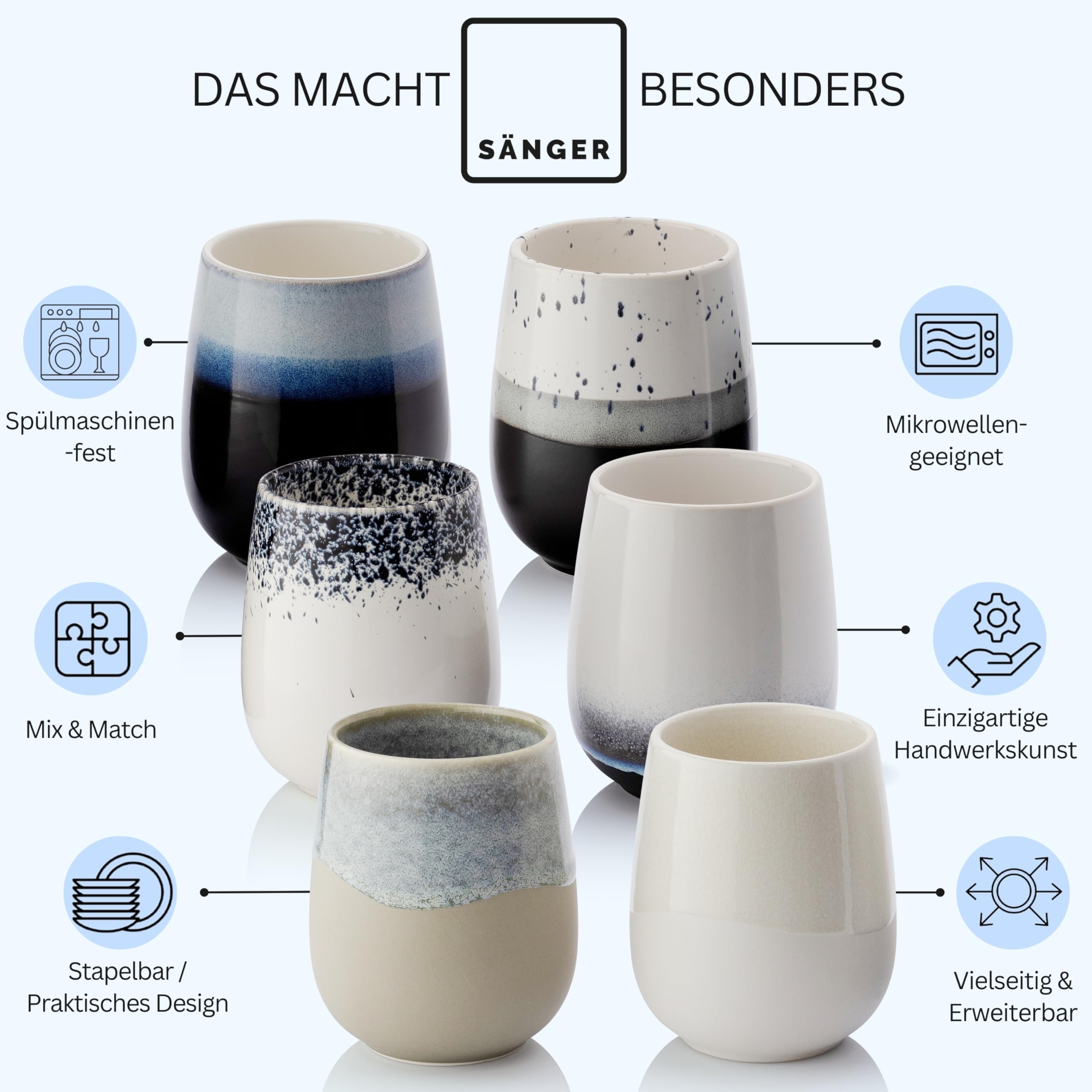 Sänger Siena | Premium Kaffeebecher 6 Personen, Steingut Kaffeetassen Set, Teetassen spülmaschinen- & mikrowellenfest, Coffee Mug mehrfarbig 215 ml, Kaffeebecher handmade | PREMIUM COLLECTION