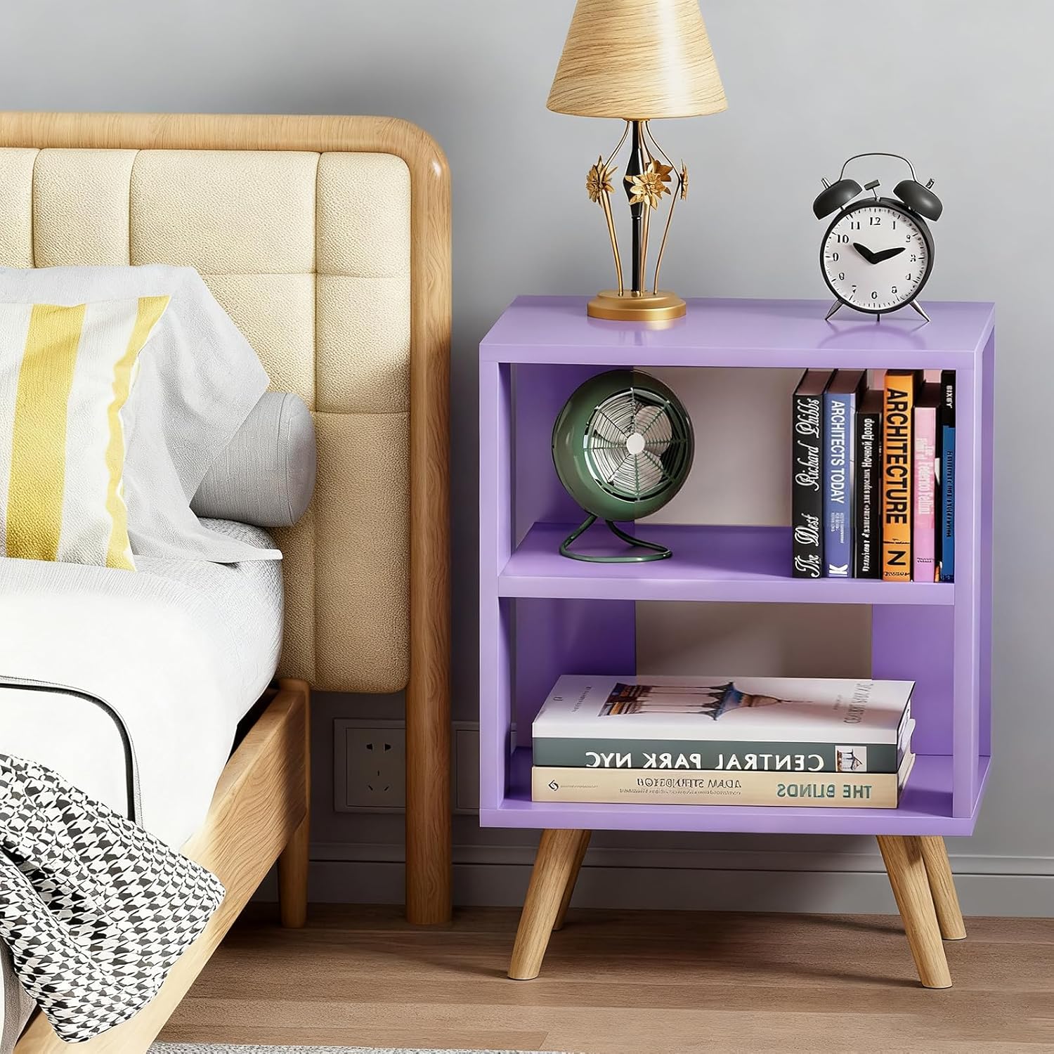 Aenuert Night Stand, Purple Nightstand, Modern End Table with Open Storage, 2-Tier Wooden Bedside Table for Small Space, Living Room, Bedroom