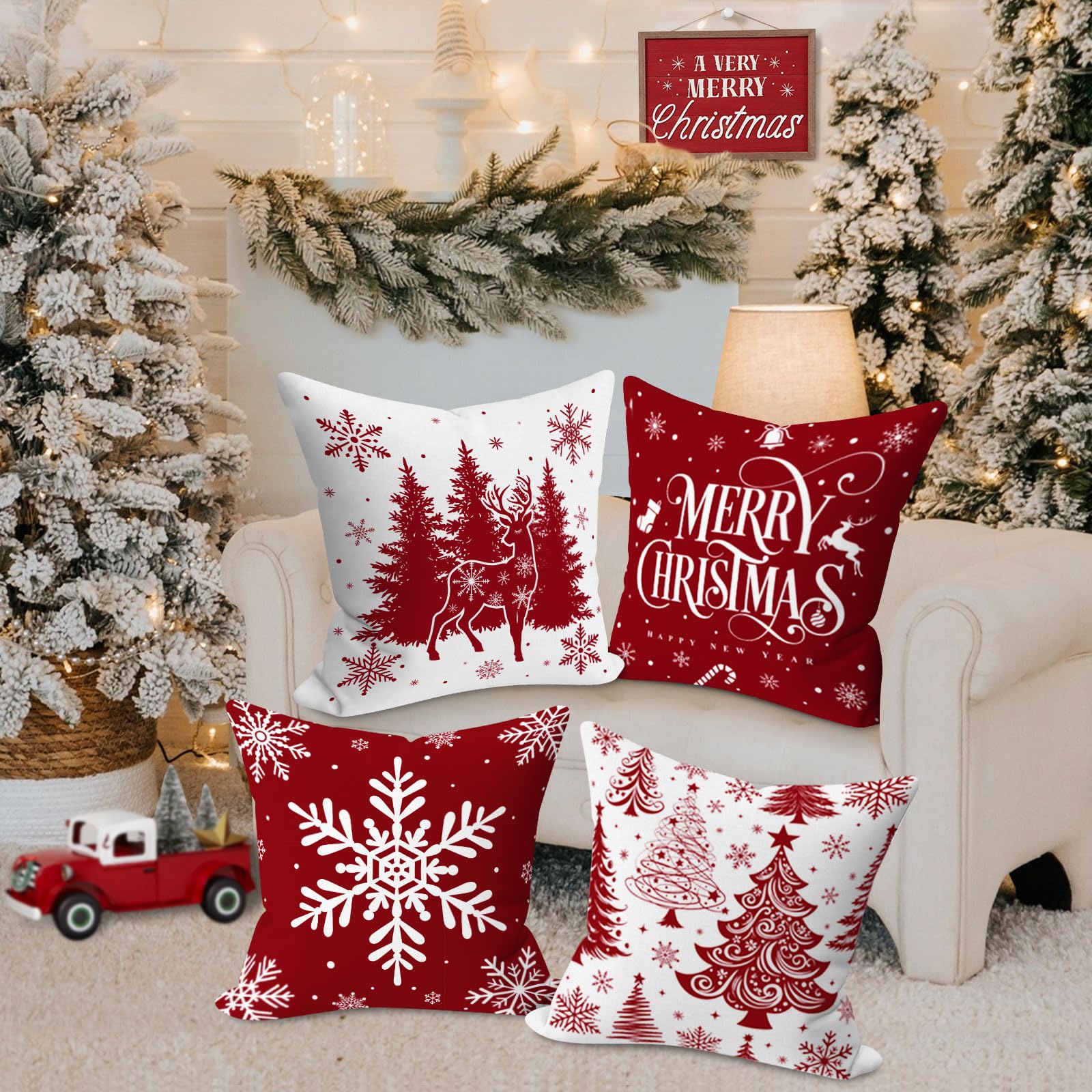 Lanpn 60x60 cm Red Christmas Pillow Covers Set of 4, Winter Decorative Pillow Case - Image 4