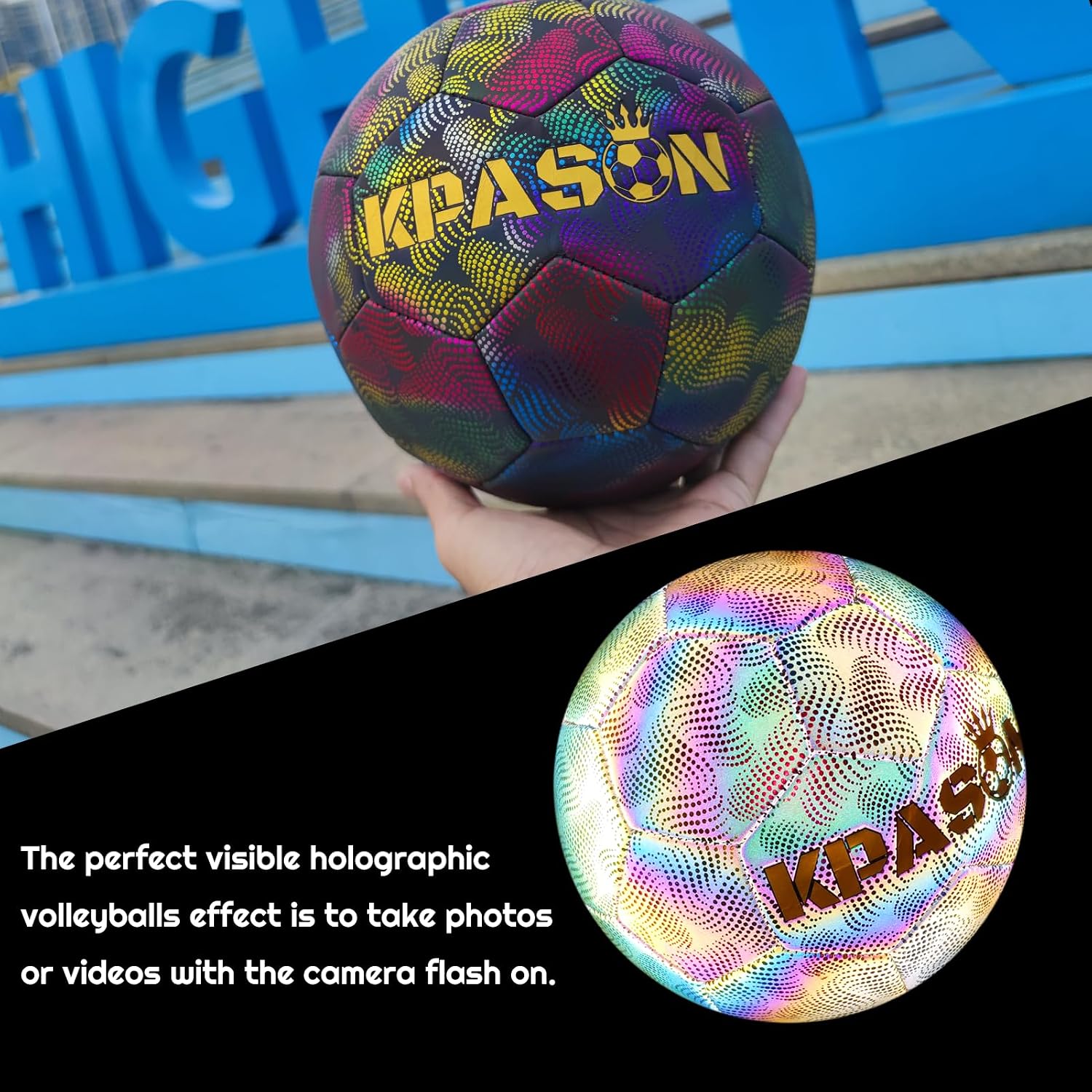 Soccer Ball, Holographic Reflective Glowing Soccer Ball Size 4/5 for Men Women Training, with Pump and Carry Bag