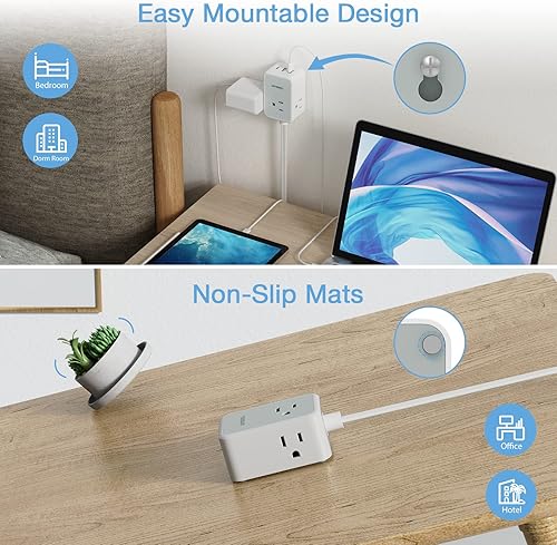 TESSAN Small Flat Plug Power Strip, Ultra Thin Extension Cord with 3 USB Wall Charger (1 USB C), 3 Outlets Mini Charging Station, 5 ft Slim Plug for Cruise Travel Office School Dorm Room Essentials(Gray,5 FT)