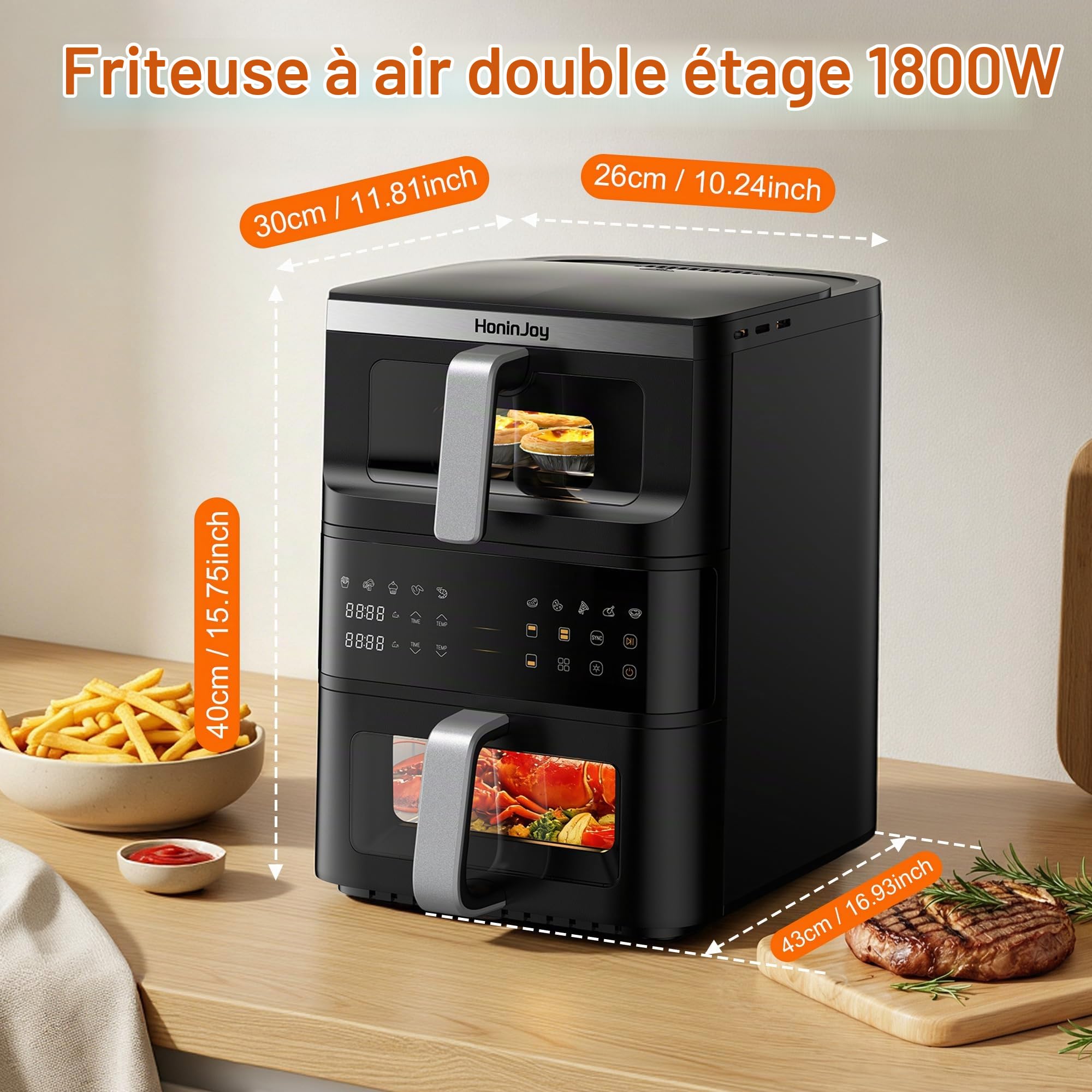 12L Air Fryer, Grand Double Compartiment Friteuse à Air Verticale Chaud Fenetre Visible 2 Tiroirs Écran tactile numérique 10-en-1Synchronisation Antiadhésif Lavable au Lave-vaisselle