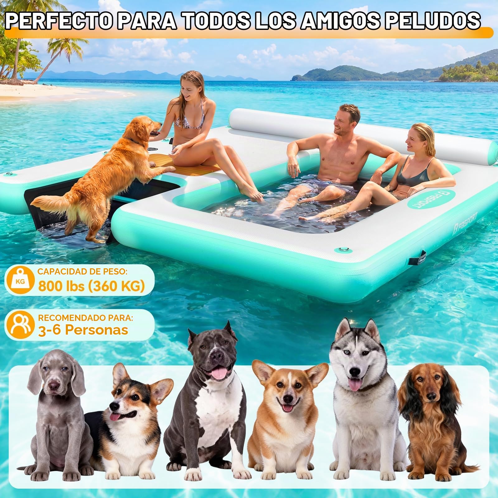 Plataforma Hinchable Multiusos, Gran Isla Inflable para Perros y Familias, Plataforma Inflable 240×240cm con Rampa y Reposacabezas, Balsa Resistente para Piscina, Lago, Playa y Océano