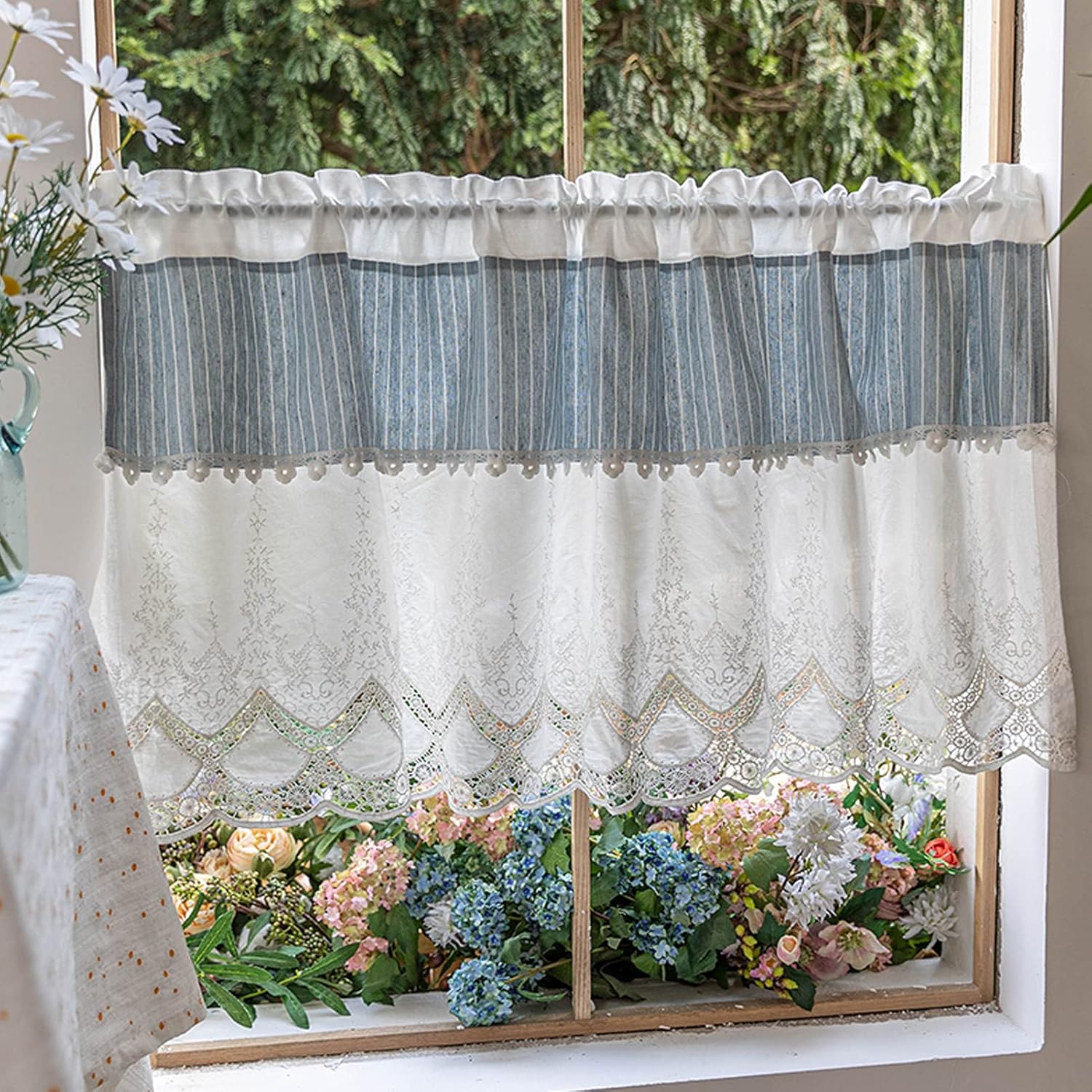 Tier Curtain,Short Curtain Cafe Kitchen Curtains,Cotton Valance Country Style Bistro Curtain,Translucent Hollow Embroidered Lace Half Curtain for Home Kitchen Balcony Small Window