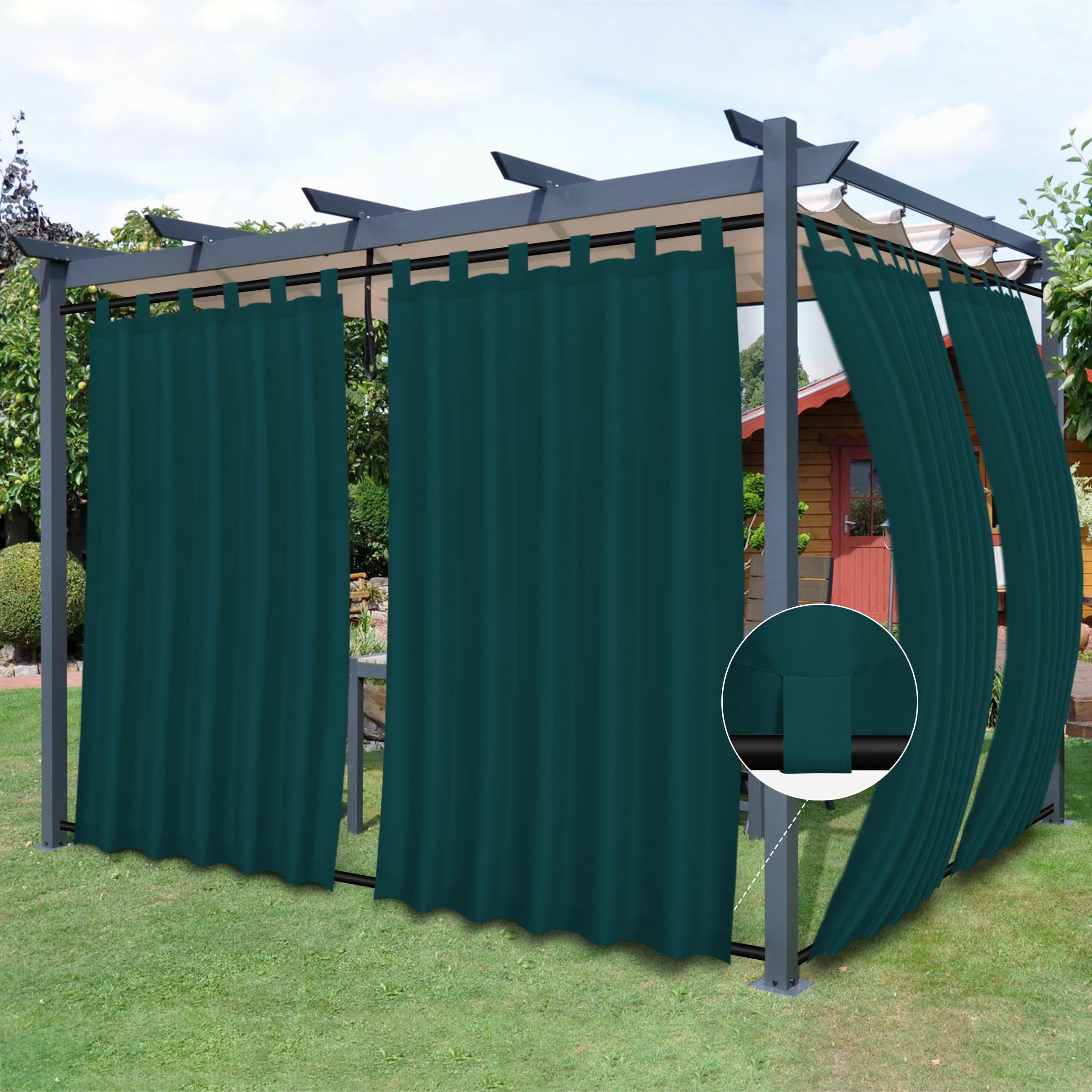 Easy-Going Outdoor Patio Curtains Detachable Tab Top Windproof Weatherproof Curtain for Cabana, Porch, Pergola and Gazebo, Tab Bottom Drape, 2 Panels,