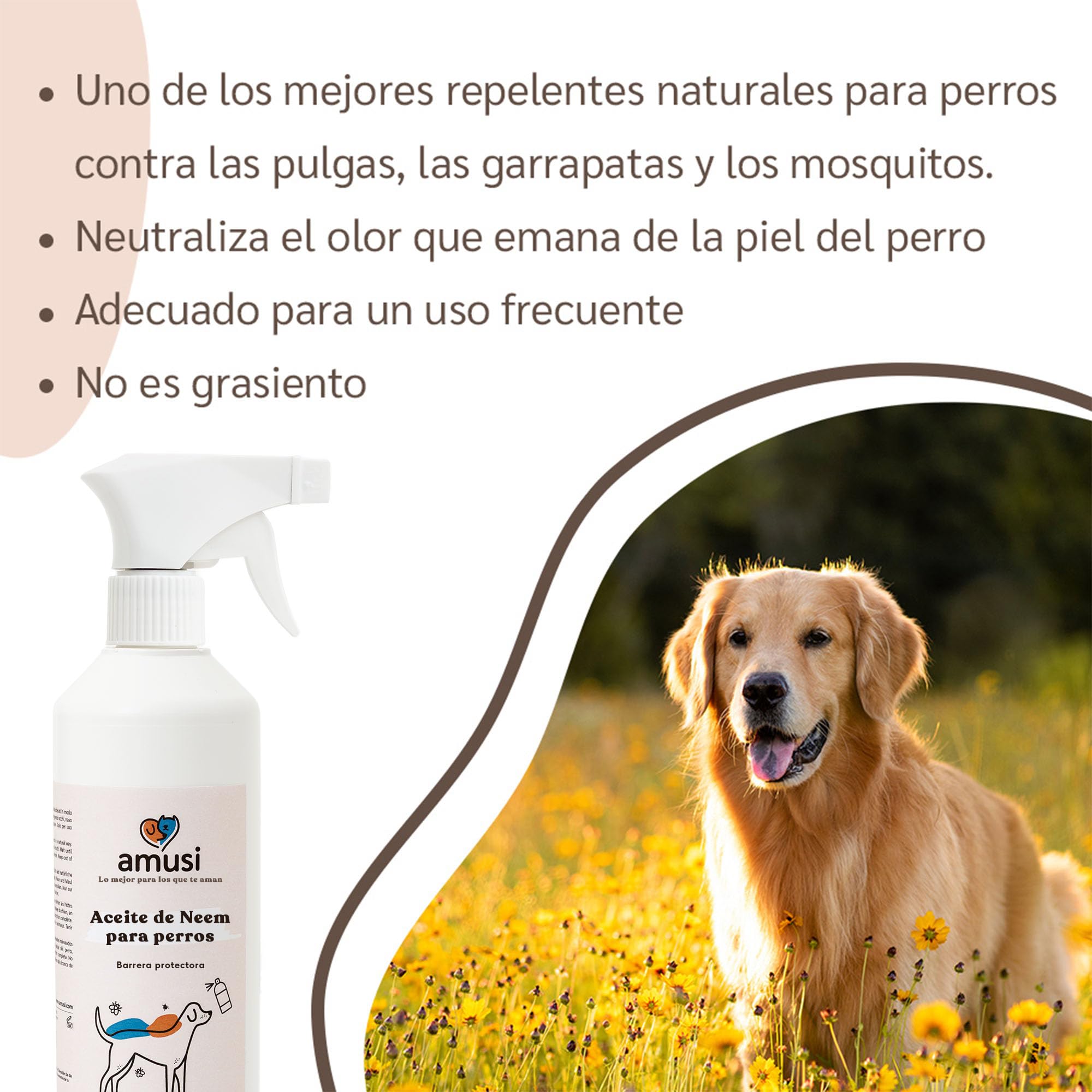amusi Aceite de Neem para Perros - 500 ml - Anti Insectos - Spray Antipulgas Perros - contra Garrapatas Pulgas Mosquitos Moscas Ácaros Piojos - Anti Pulgas
