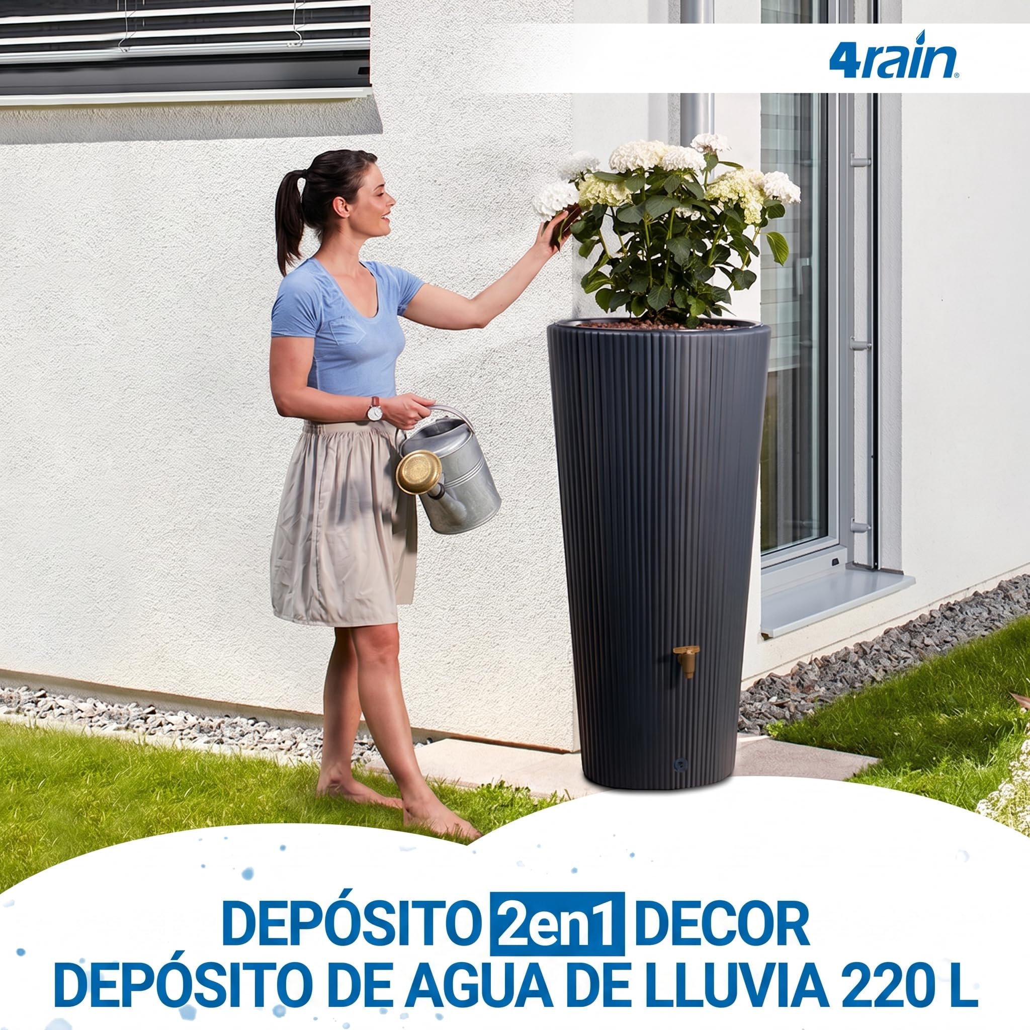 4rain Vaso 2en1 Decor depósito de Agua de Lluvia 220 L Graphite Grey Incl. Grifo de plástico y conexión al bajante - diseño Decorativo para jardín - Set Listo para conectar - Uso Exterior fiable