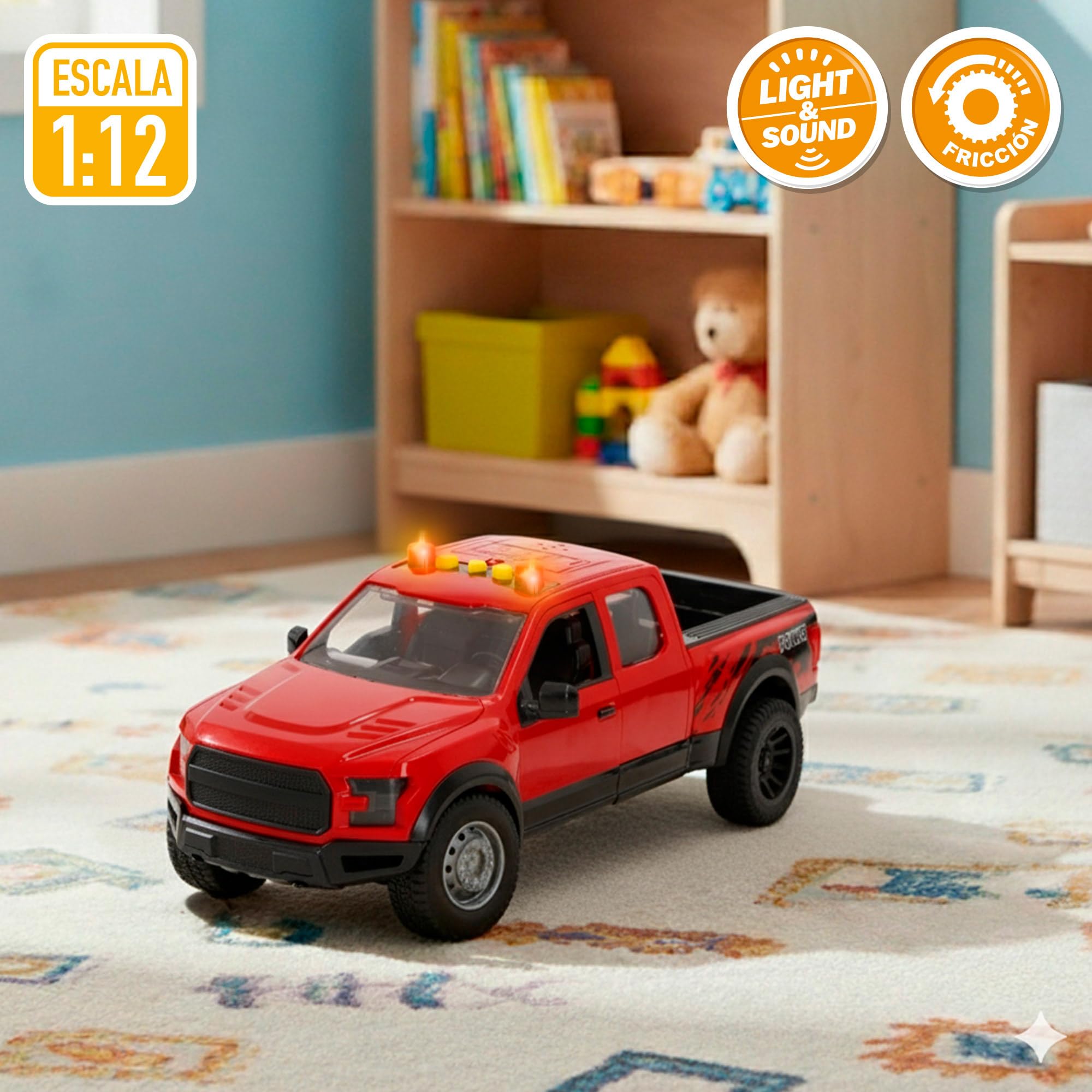 ColorBaby Speed & Go Coche Pick up con Moto, Sistema de fricción, Luces y Sonido, Puertas funcionales, Vehículo de Rescate, Escala 1:12, Niños a Partir de 3 años (39310)