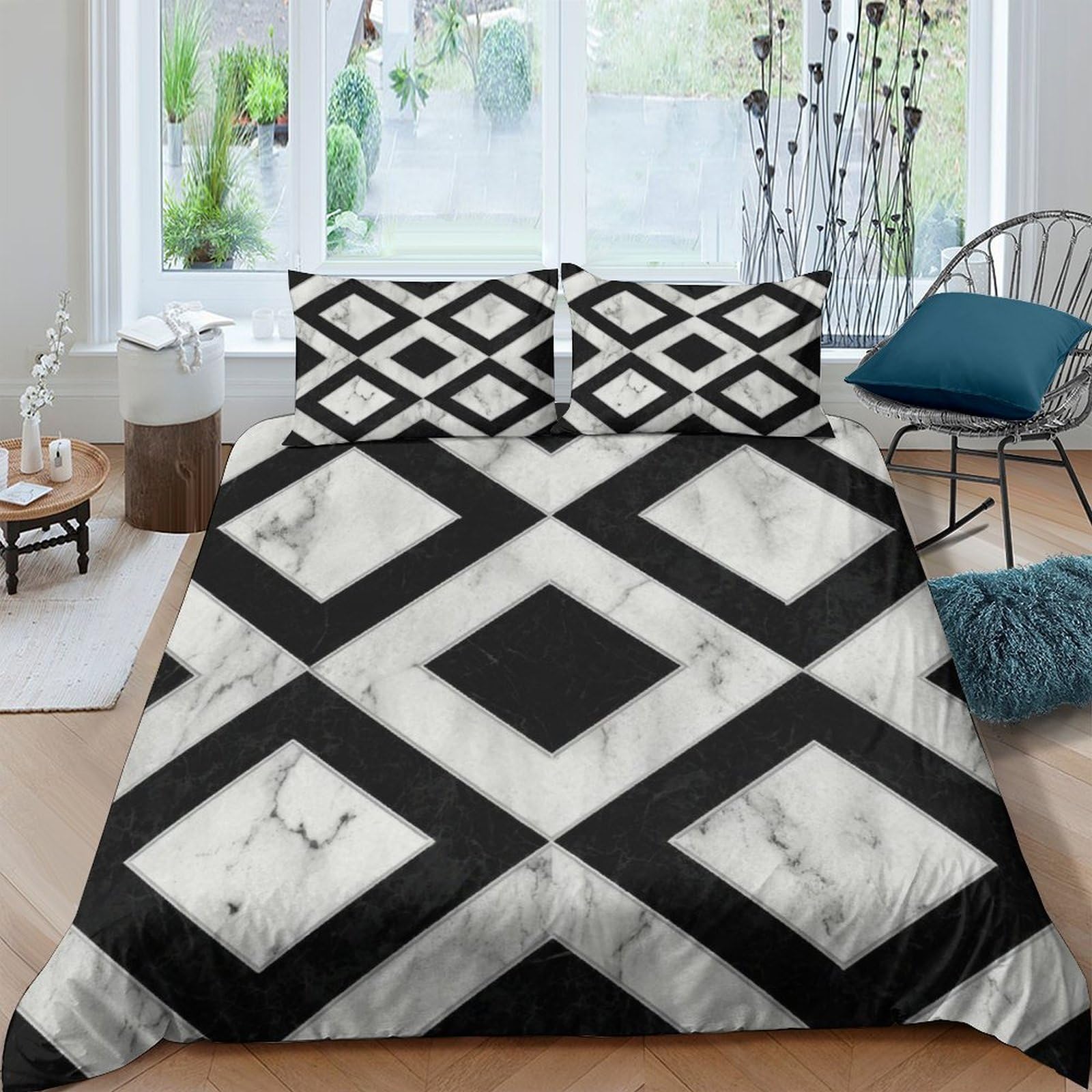 Ctjqhvkz Style-4 3D Printed Geometric Marble Fitted Sheet Microfiber Soft Anti-Slip Black White Diamond Mattress Cover For Bedroom Guest Room Decor Single（135X200cm）