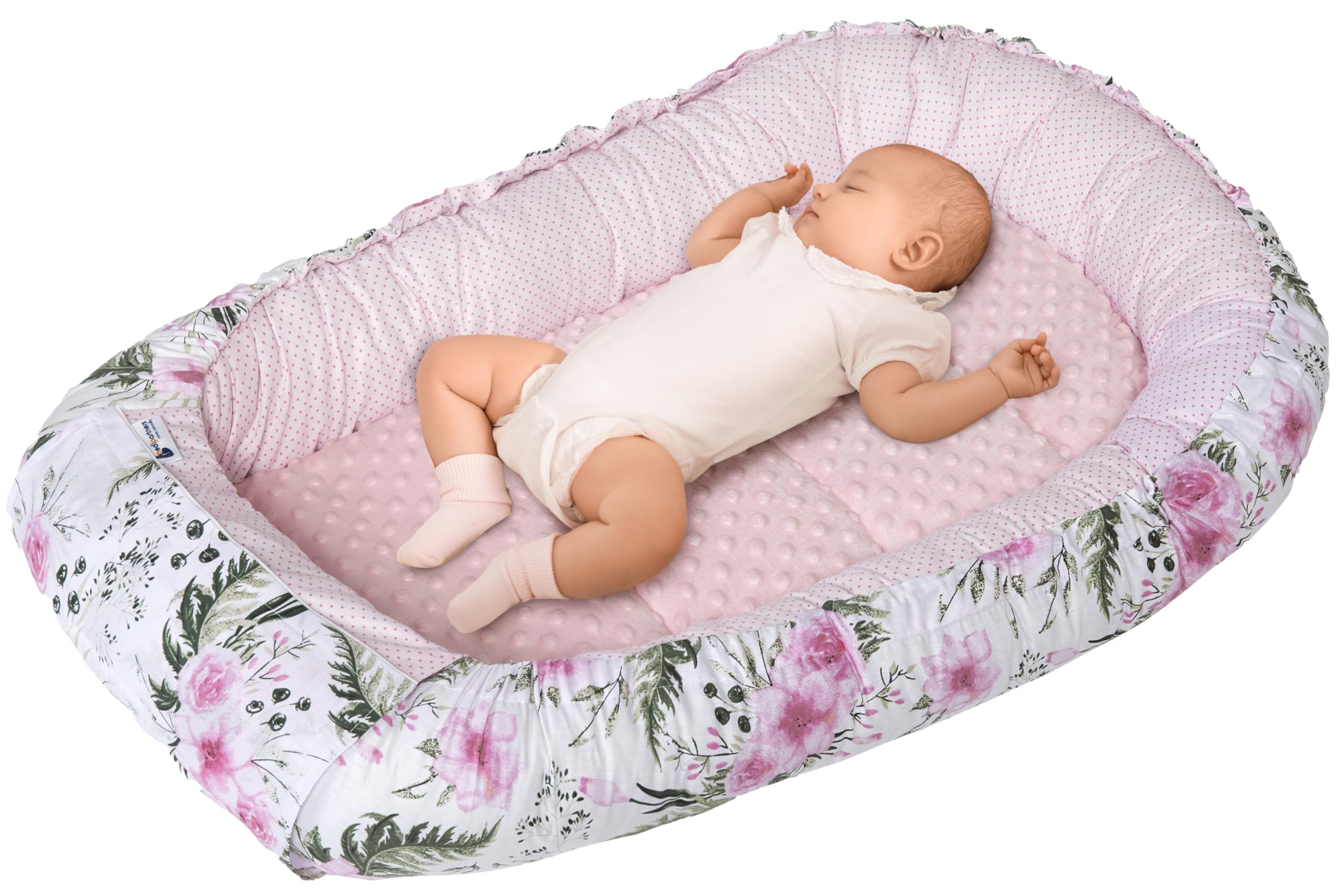 Medi Partners Baby Nest Pod for Newborn Babynest Sleep Bed - 100x60x15 Lounger Essentials 0-12 Months sleeping bilateral Cocoon 100% Cotton (Flowers with light pink Plush)