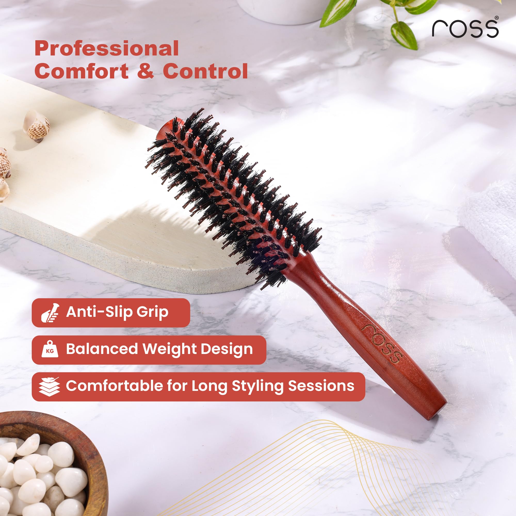 Ross Round Hair Brush with Natural Boar Bristles & Nylon Pins | Professional Blow Dry Styling Brush for Volume, Curl & Shine | Frizz Control | Wooden Handle | For Men & Women 3