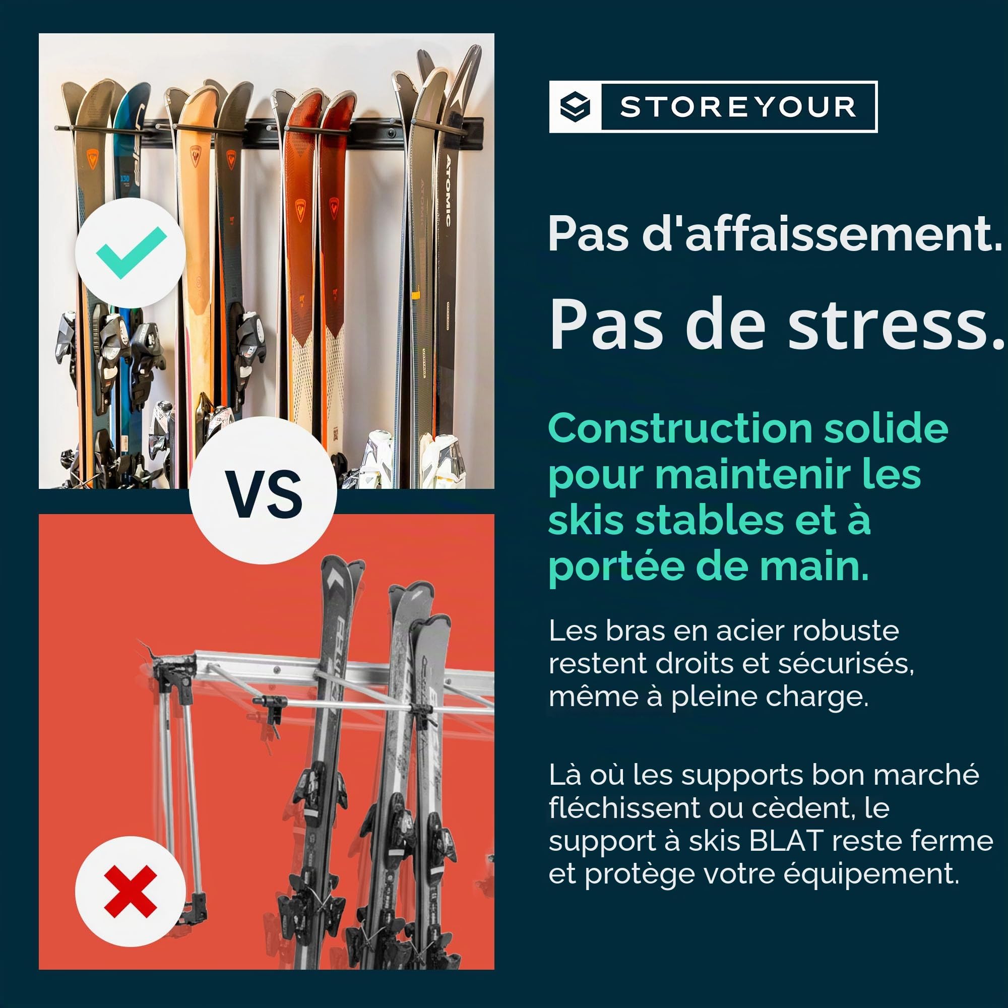 StoreYourBoard Support de rangement mural pour ski, détient 8 paires, support de skis pour maison et garage en acier (Noir)