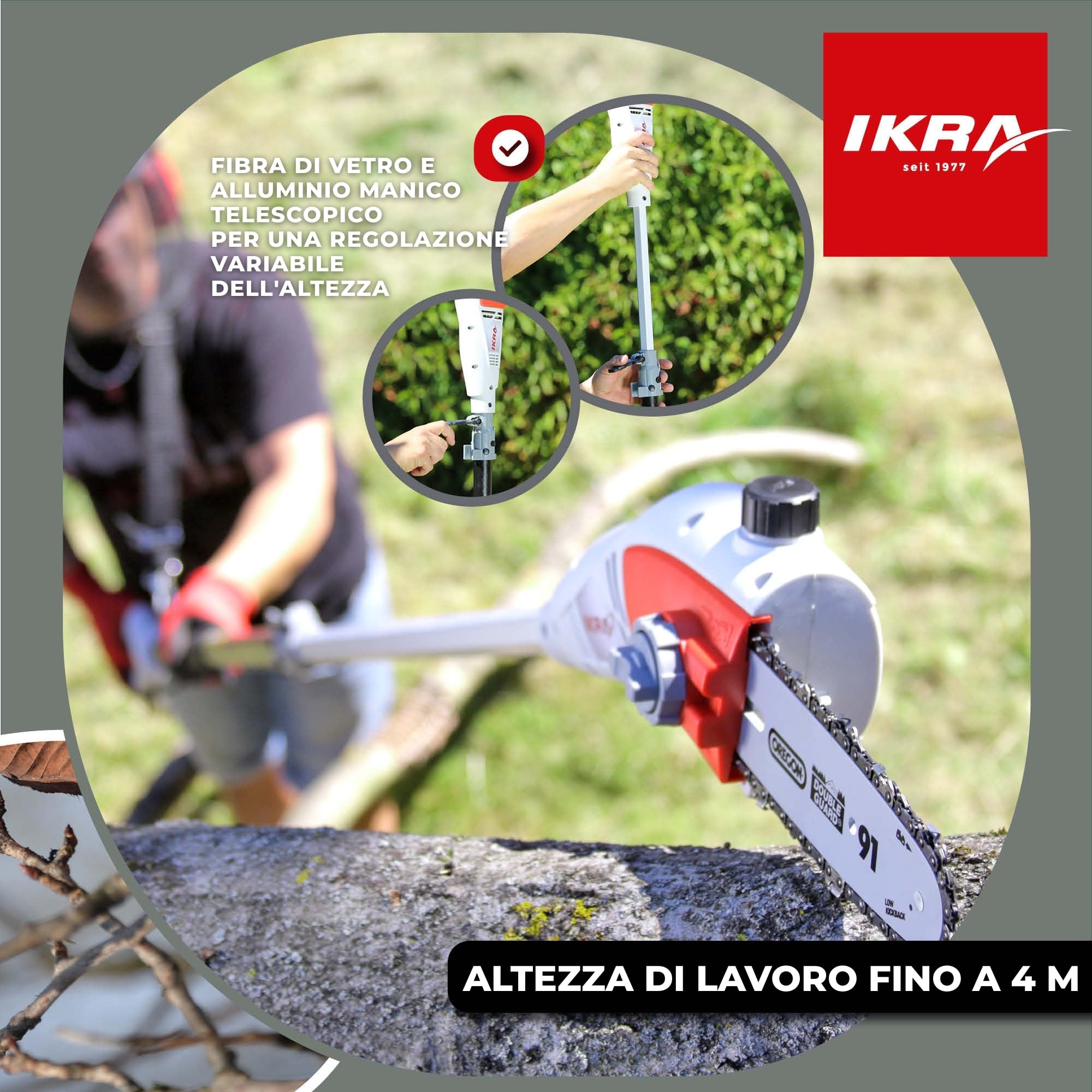 IKRA potatore telescopico elettrico IEAS 750, lunghezza di taglio 185 mm, con 2 catene e tracolla incluse