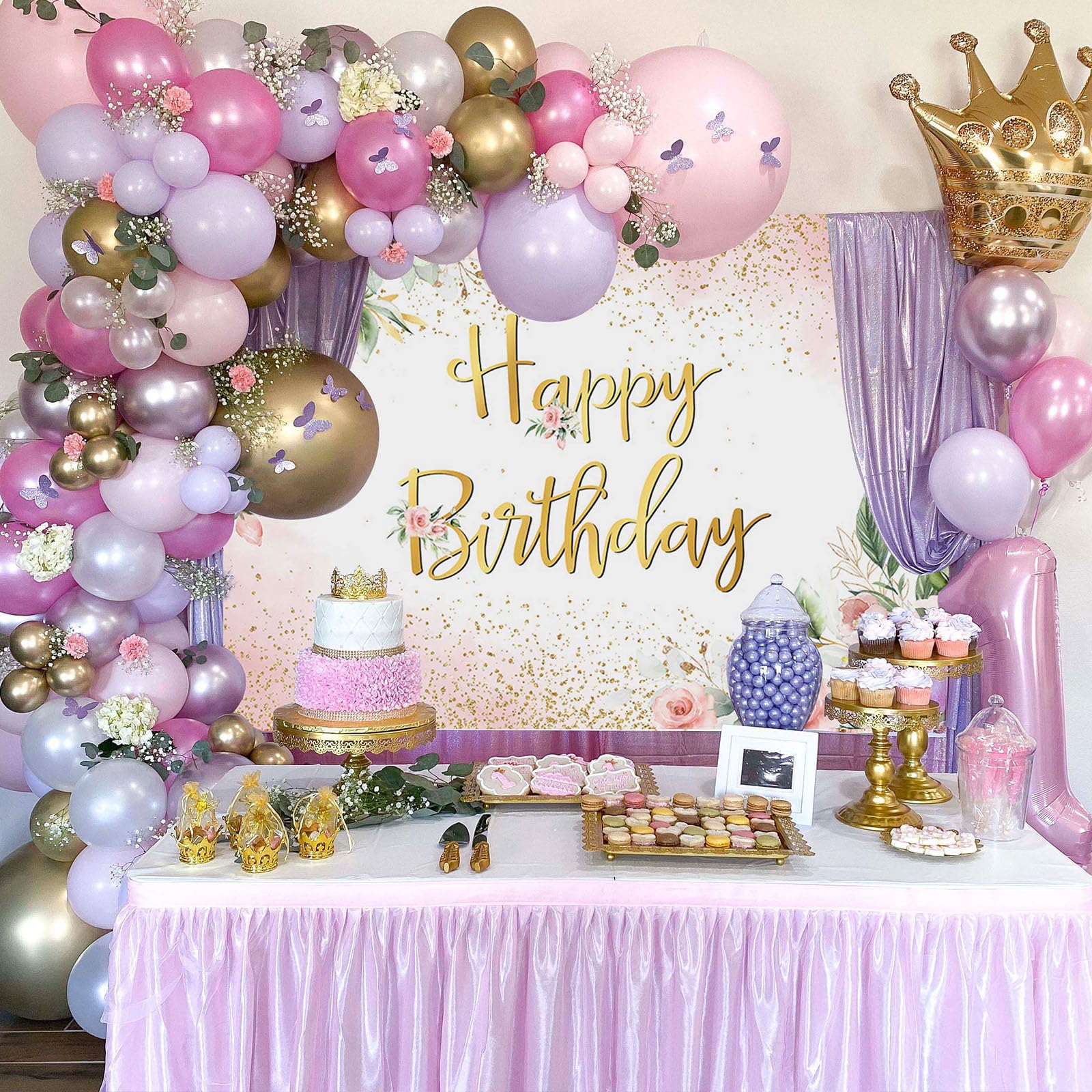 Avezano Geburtstags-Hintergrund Roségold – 180x100 Cm, Mit Rosa Blumen & Glitzer, Für Frauen-Partys