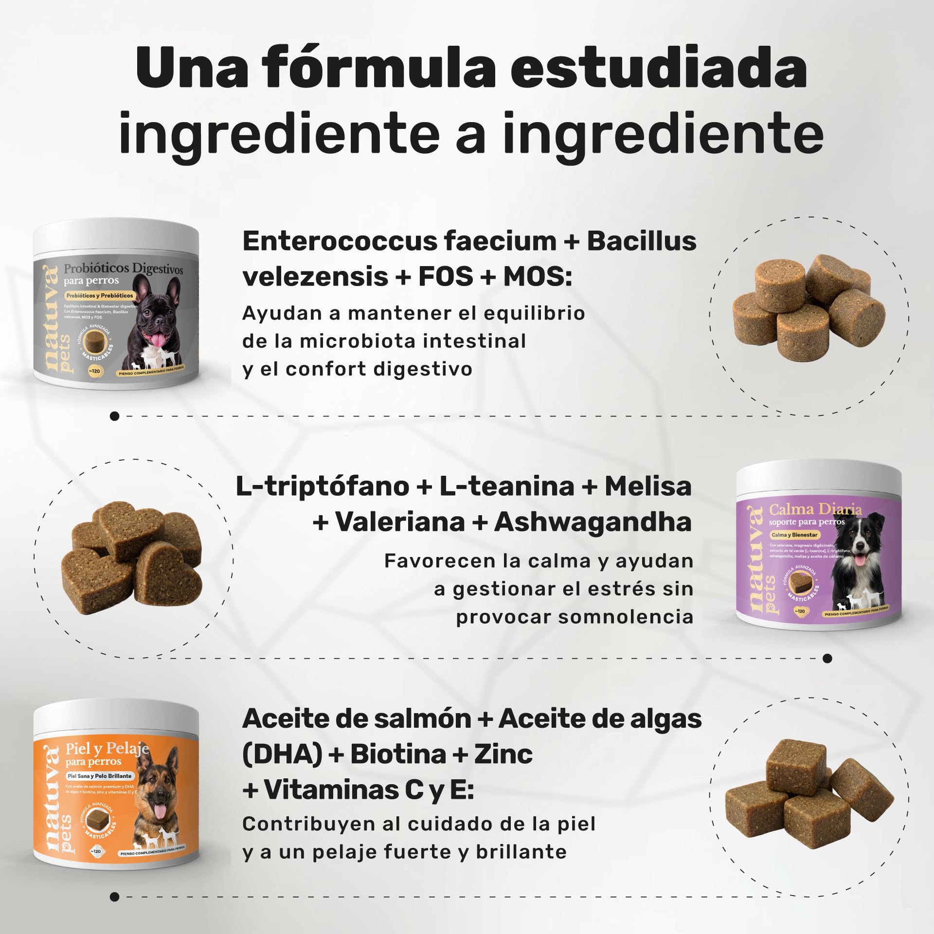 Probiótico + Calmante + Aceite de Salmón para Perros - Pack de Suplementos para Digestión, Flora Intestinal, Estrés, Ansiedad, Piel y Pelaje - Natuva Pets