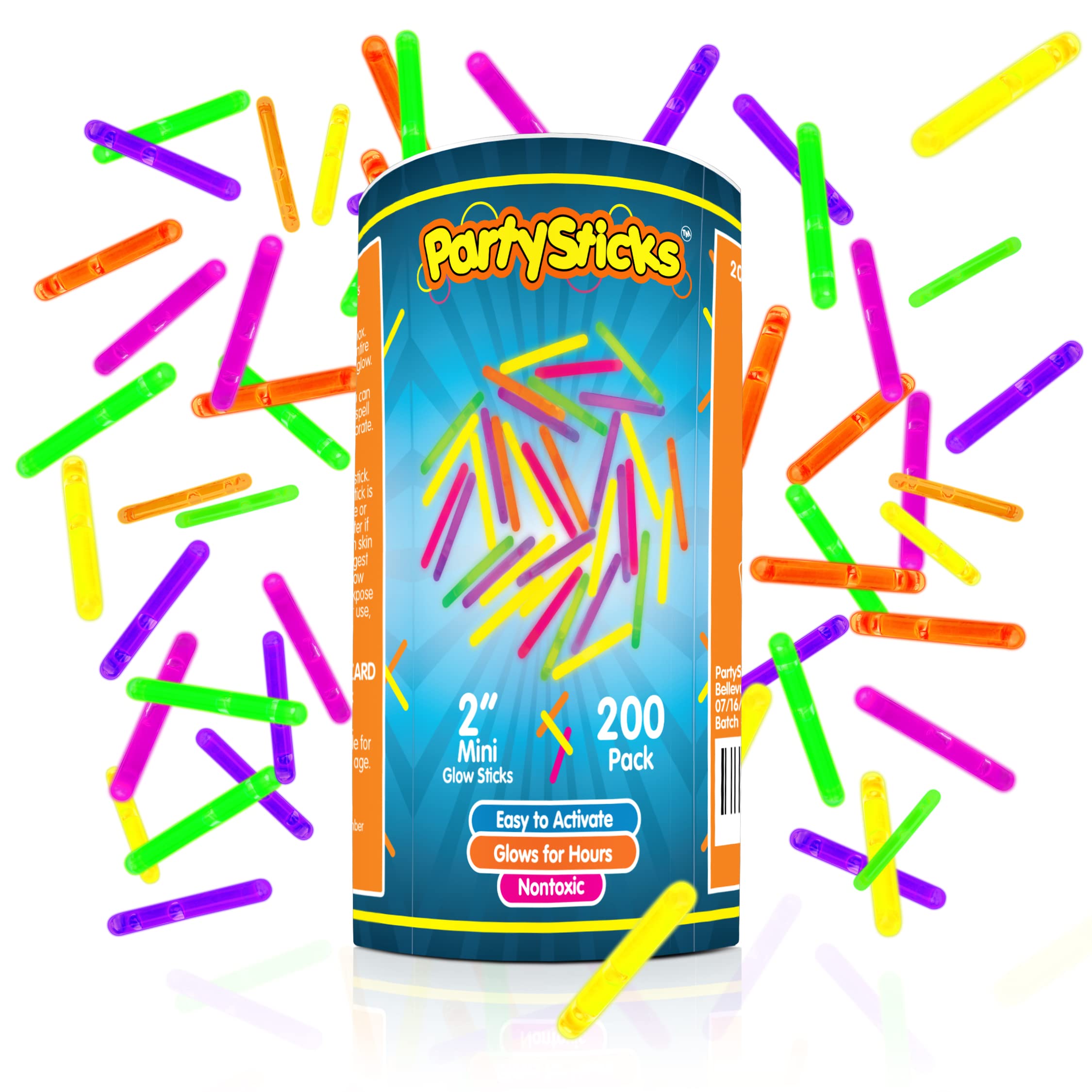 PartySticks Mini Glow Sticks 200 Pack Glow-in-the-Dark Small, for Easter Eggs, 5 Colors, Neon Light Sticks Bulk Party Favors, Easter Basket Stuffer Party Pack, Weddings Classroom Decorations Prizes