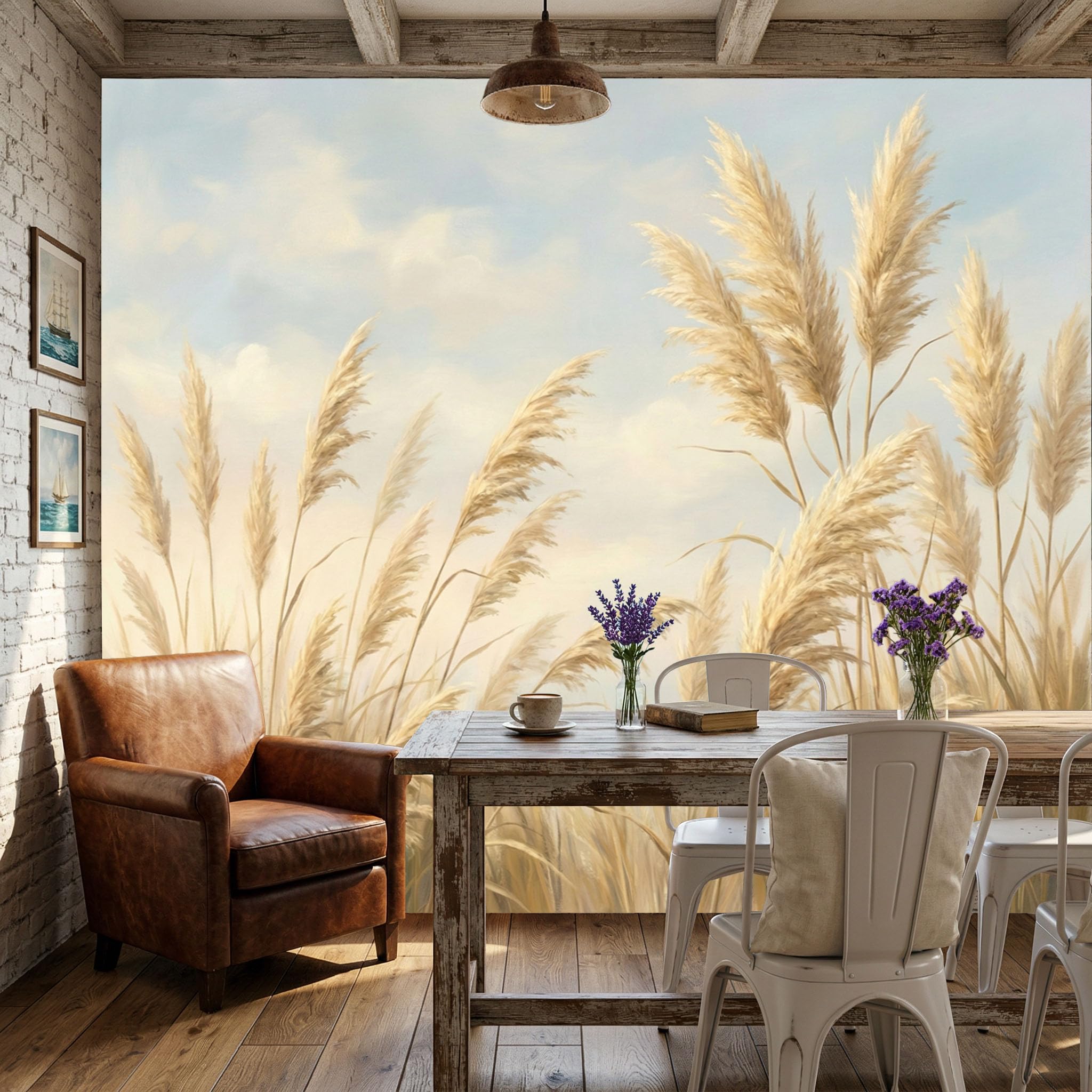 Papier peint ciel de roseaux rétro pour salon et chambre paysage beige jaune 300x210