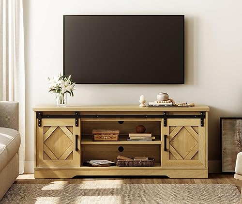 Miniatura 14 de WAMPAT Moderno soporte de TV de granja para TV de hasta 65 pulgadas con puerta corrediza de granero, centro de entretenimiento de madera de 23.6