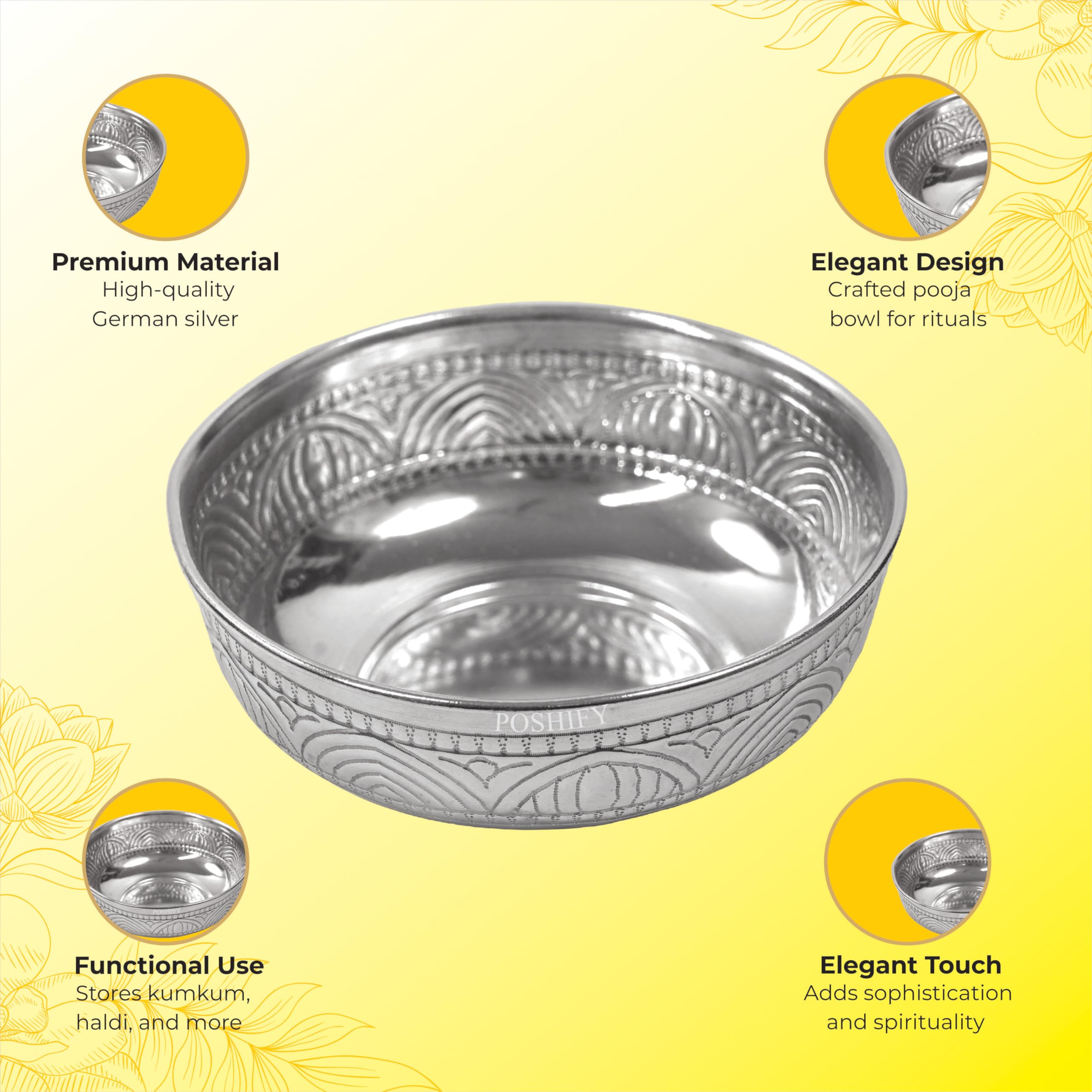 POSHIFY Traditional German Silver Nakshi Bowl for Puja & Prasad | Elegant Embossed Silver Plated Serving Bowl for Mandir, Home Decor & Festive Return Gifts (12.5 x 5 cm, 90g) 2